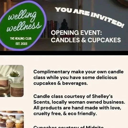 Invitation to a wellness club opening event with candles and cupcakes, featuring free candle-making classes and cupcakes, hosted by Shelley’s Scents, a local woman-owned, cruelty-free, eco-friendly business.