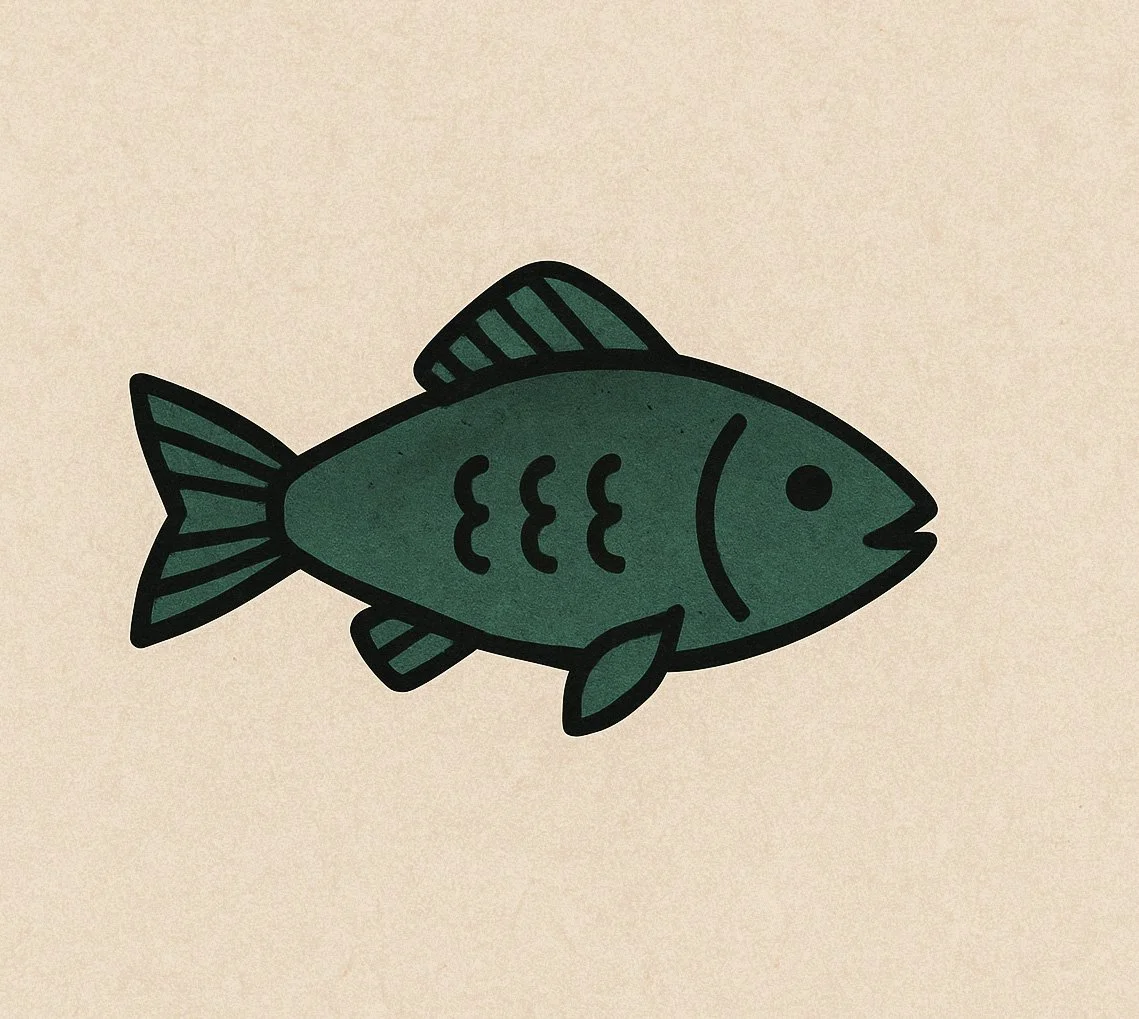 Illustrated green fish with black outlines on a beige background