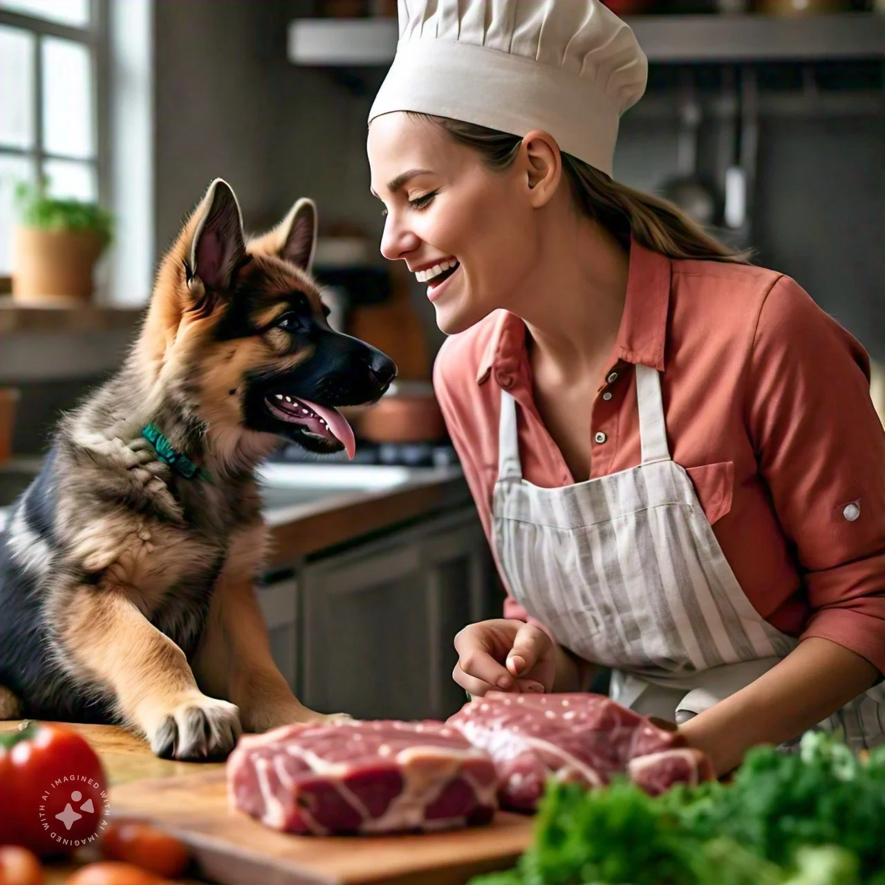 A woman wearing a chef's hat and apron smiling at a German Shepherd puppy on a kitchen counter beside raw meat and vegetables.