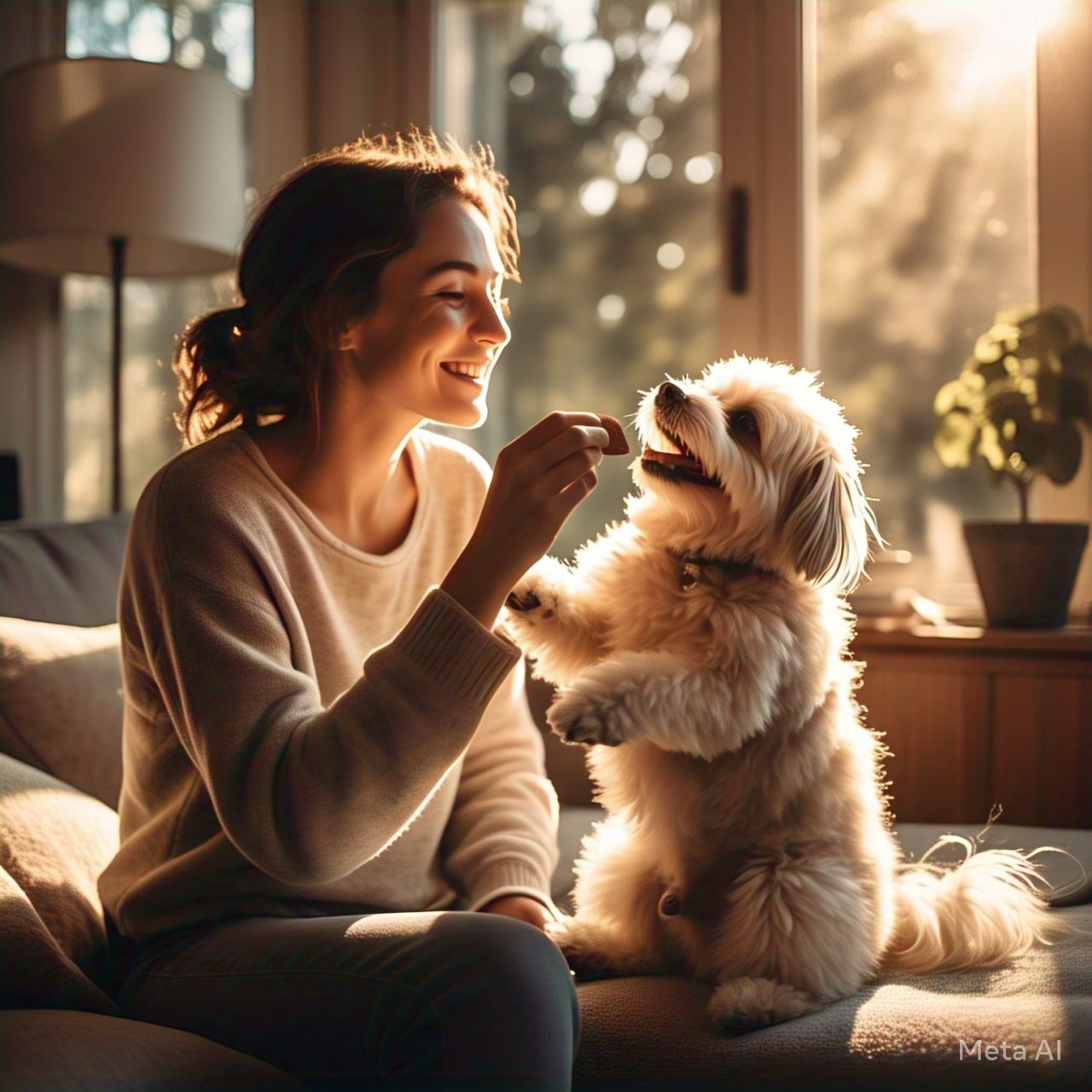 a happy dog is taking a treat from his owner loving hand