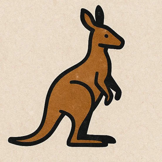 Illustration of a kangaroo with a black outline on a textured beige background.