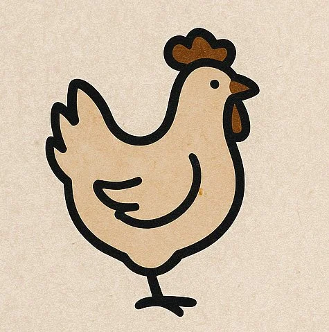 Simple illustration of a chicken with a brown outline and tan fill on a beige background.
