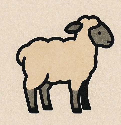 Cartoon illustration of a sheep with a beige body and black outline on a textured background.