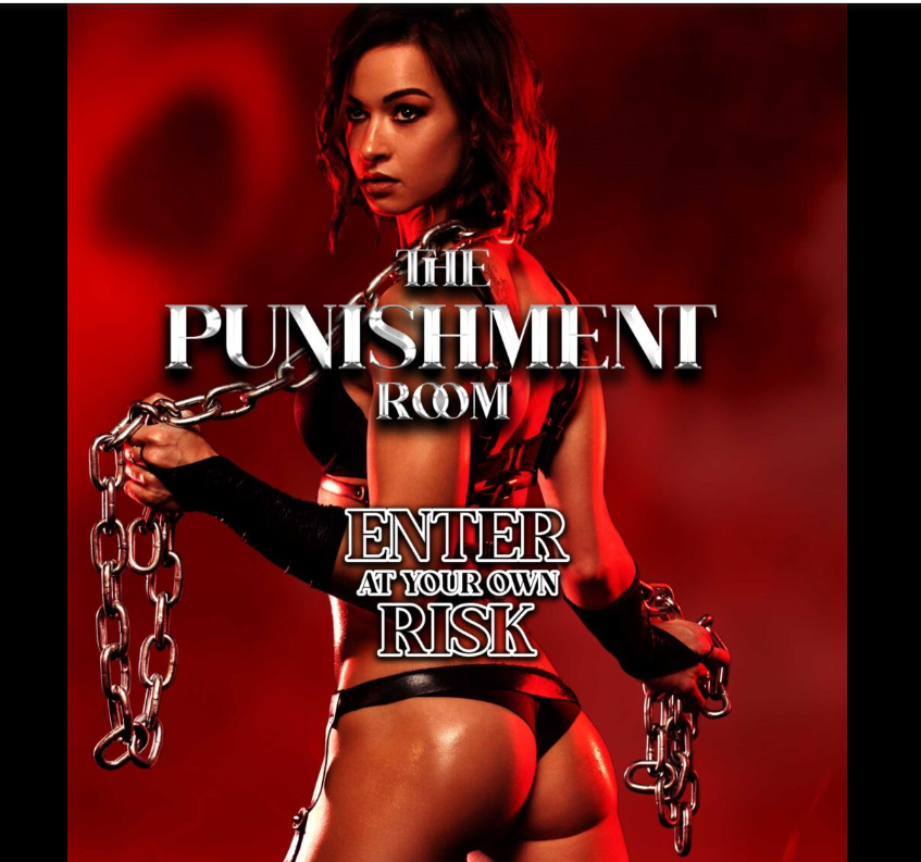 The Punishment Room logo with the words enter at your own risk written below on a deep red backdrop with a women in lingerie holding chains.