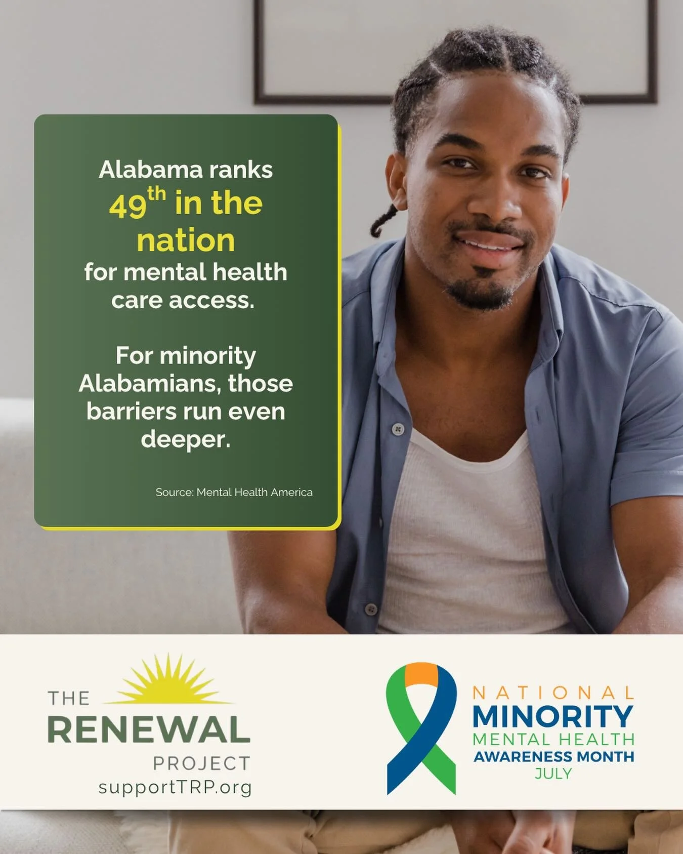 July is National Minority Mental Health Awareness Month.

6 in 10 Black adults living with a mental illness never receive care. Nearly 2 in 3 Hispanic and Latino adults go without treatment. 3 in 4 Asian adults never access the support they need. The