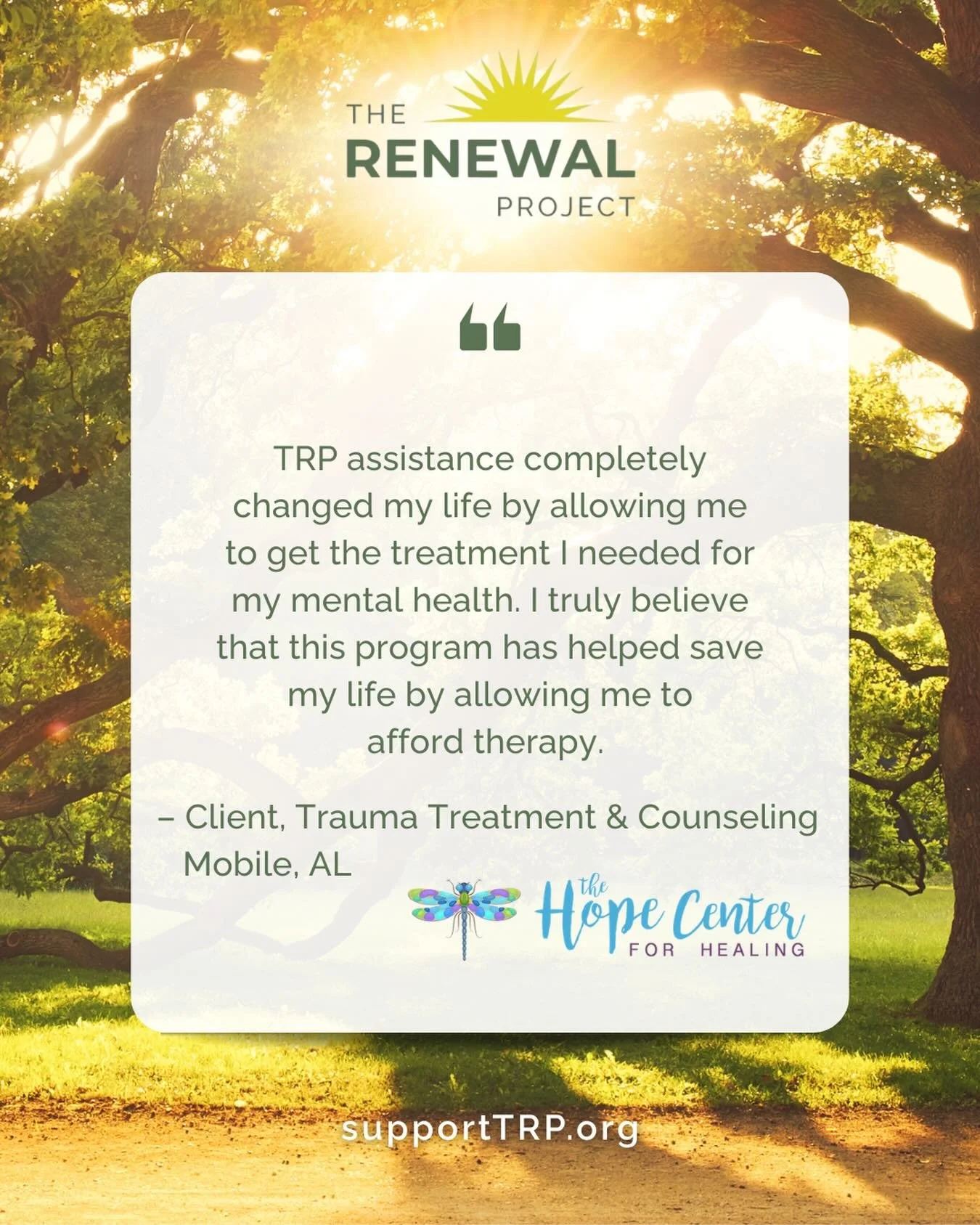 Real stories. Real impact.

One TRP client in Mobile shared this: &ldquo;TRP assistance completely changed my life by allowing me to get the treatment I needed for my mental health.&rdquo;

This is what access to care looks like in practice &mdash; n