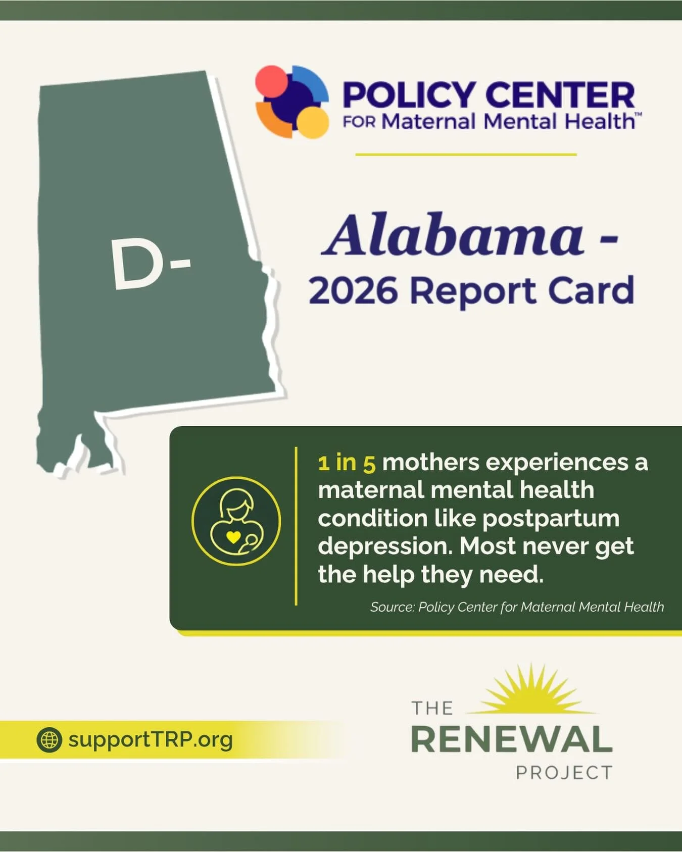 1 in 5 mothers experiences a maternal mental health condition like postpartum depression. Most never get the help they need (PCMMH).

The Policy Center for Maternal Mental Health just released its 2026 State Report Cards &mdash; and Alabama received 