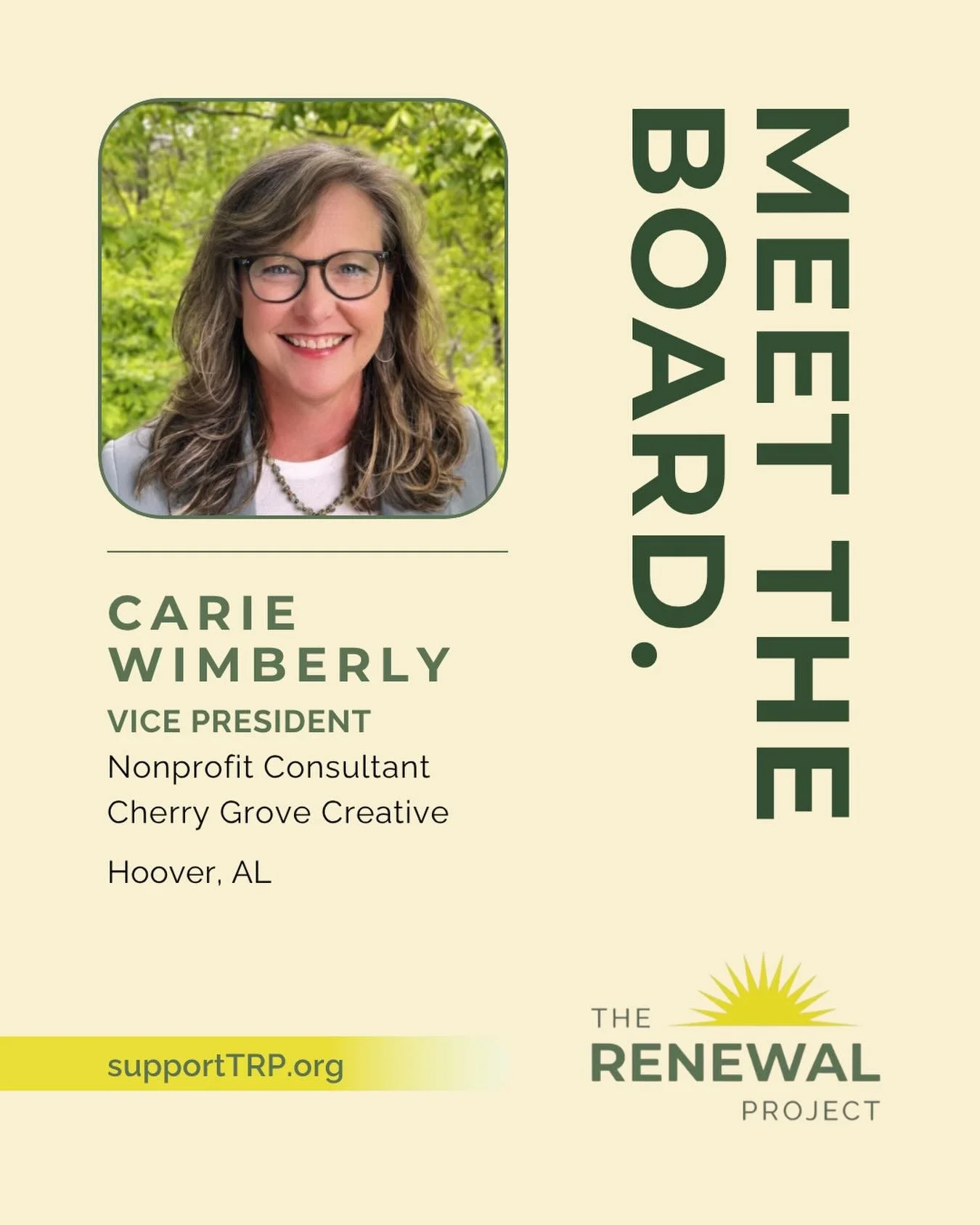 &ldquo;My passion for The Renewal Project is personal.&rdquo;

Meet Carie Wimberly &mdash; Vice President of our board, nonprofit consultant at Cherry Grove Creative, and someone who knows firsthand why this work matters.

&ldquo;Like so many Alabama