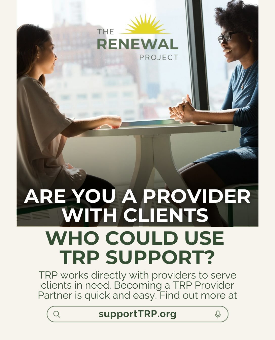 Alabama treatment providers can propose clients for financial assistance toward mental or behavioral health care. The process is simple. Start here: supporttrp.org/providers.

#supportTRP #TheRenewalProject #AlabamaMentalHealth #AlabamaHelp #Counseli