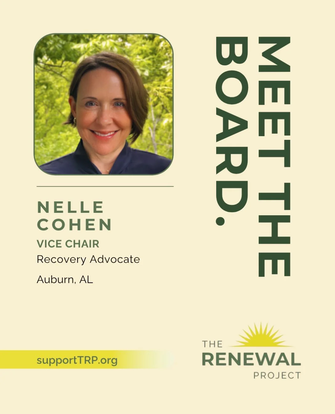 Meet Nelle Cohen, Vice Chair of The Renewal Project&rsquo;s Board of Directors!

Nelle is a Recovery Advocate based in Auburn, AL, and she brings both lived experience and deep passion to her role on our board.

In her own words:
&ldquo;As someone in