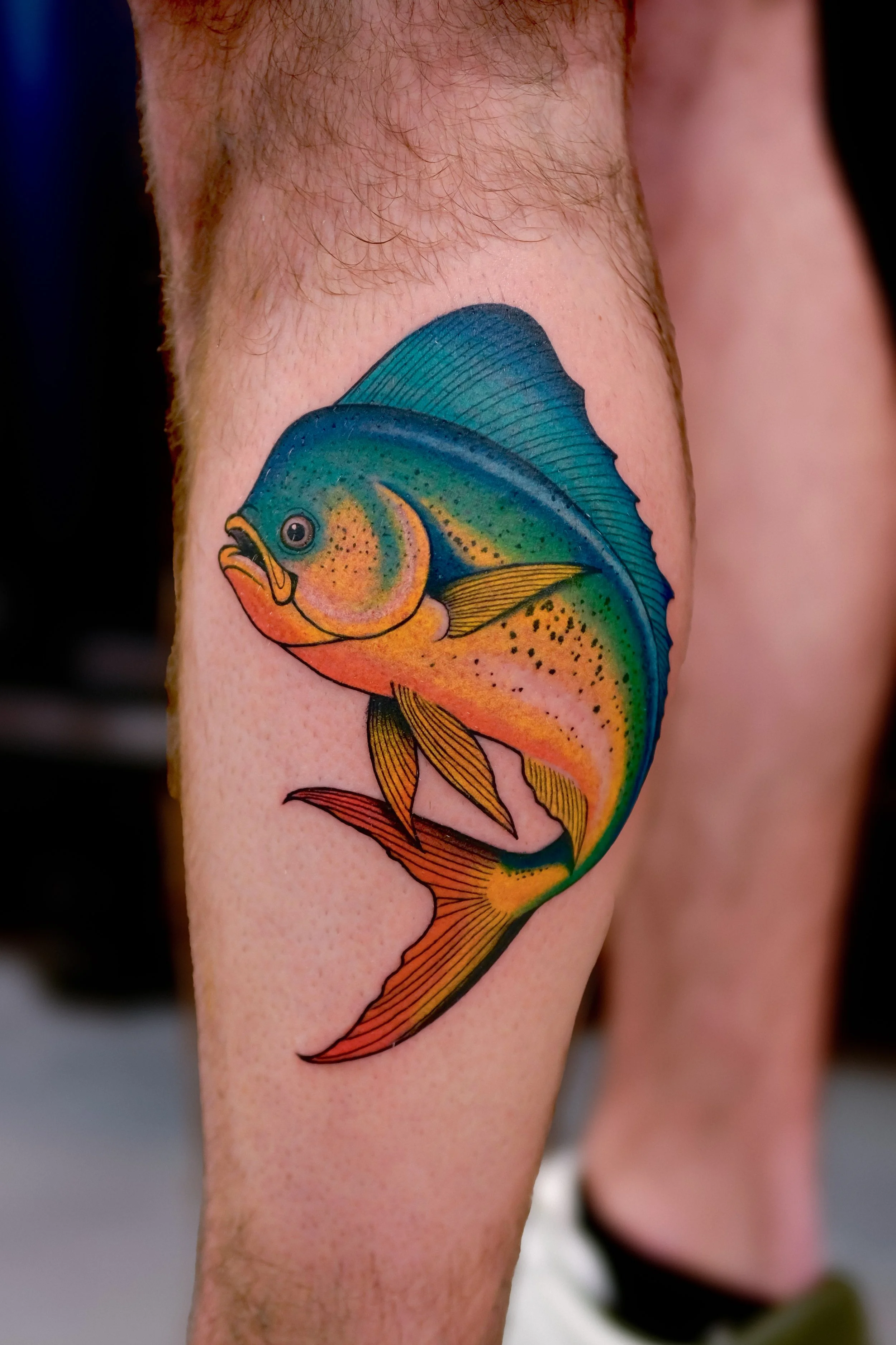 Colorful fish tattoo on person's arm, showing detailed scales, fins, and vibrant colors including blue, yellow, orange, and green.