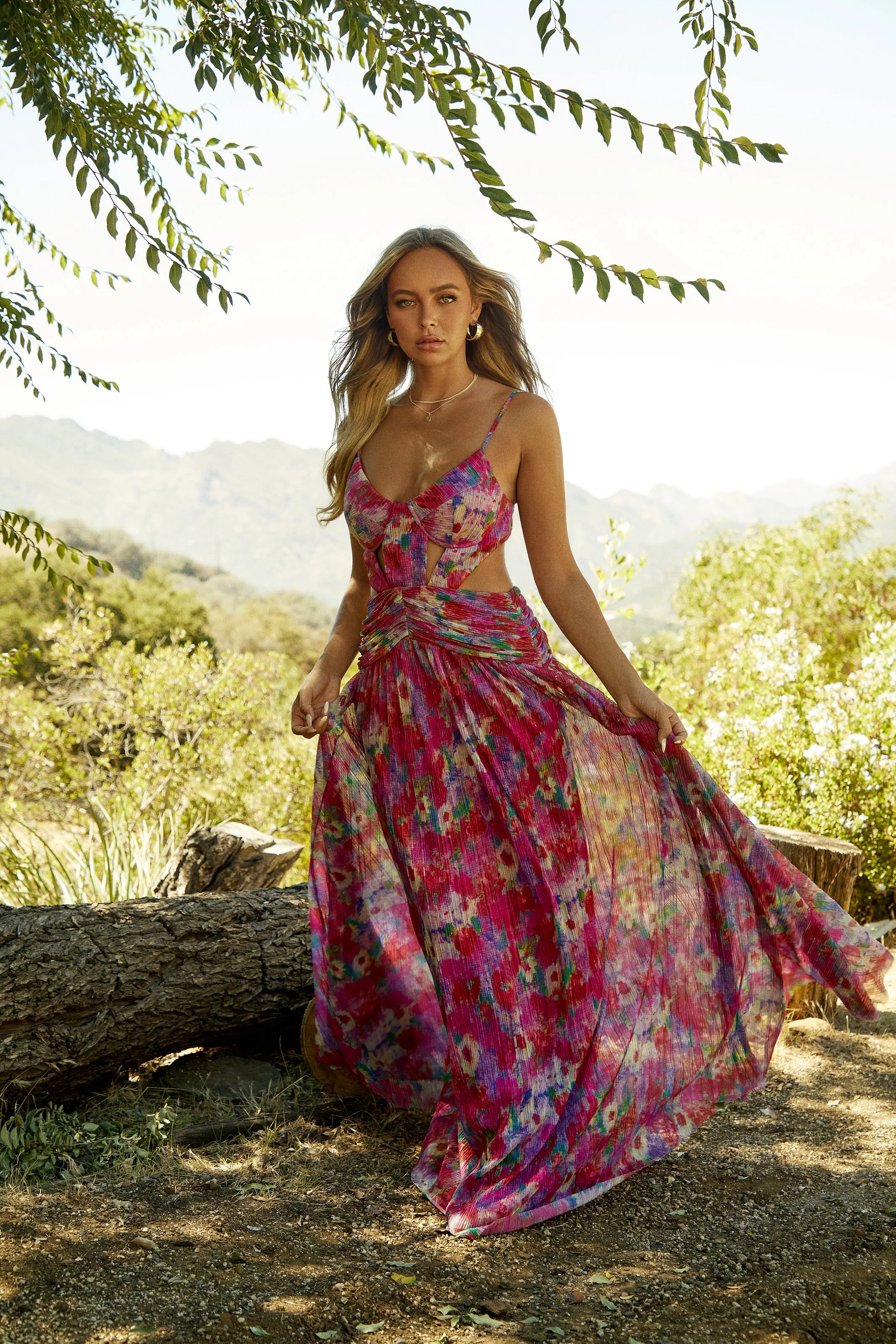 Fashion photography in Los Angeles: pink floral maxi dress in the hills, by Moises Martinez
