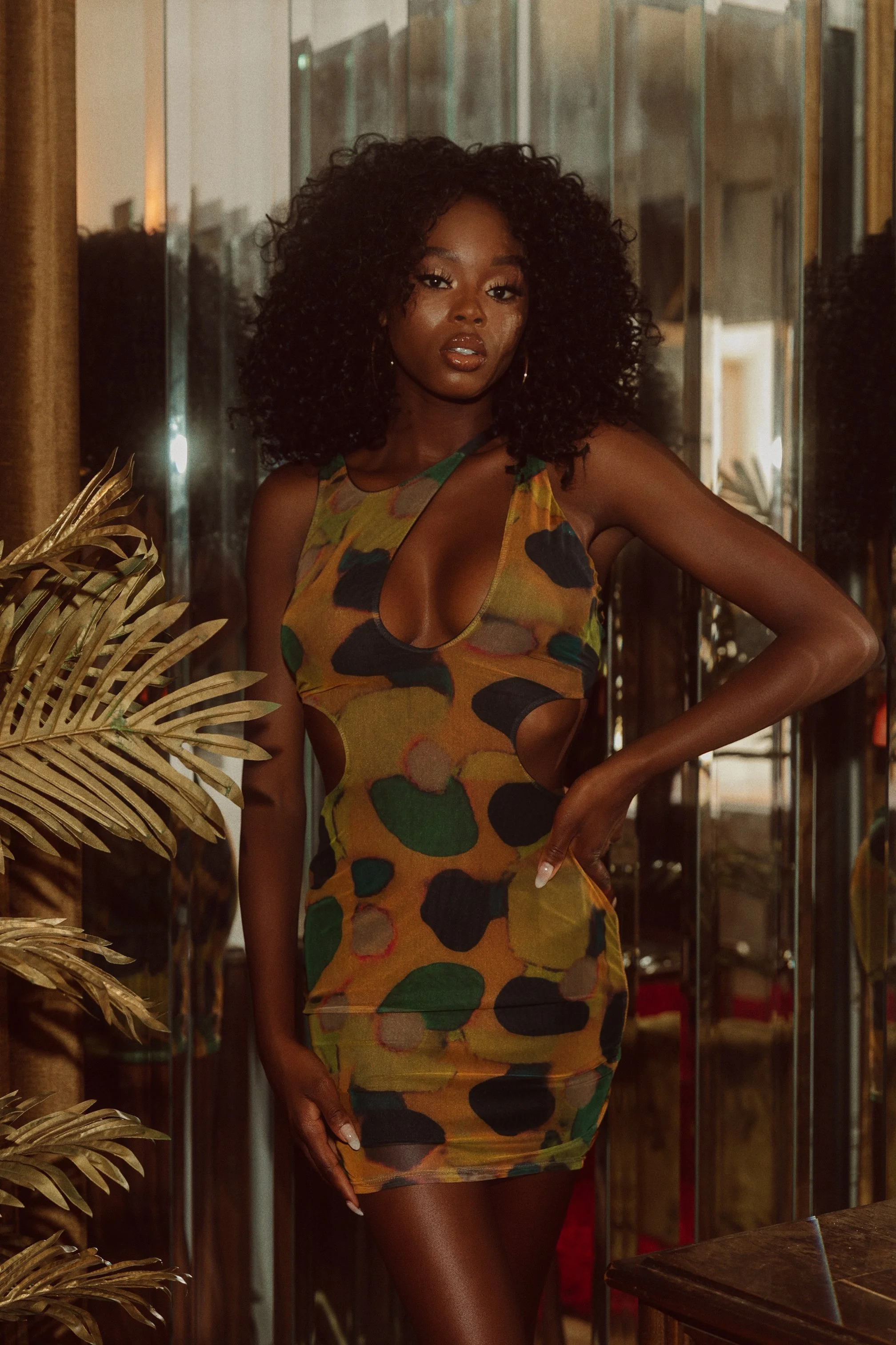 A woman with curly black hair posing indoors in a colorful, patterned sleeveless dress with cutouts, standing next to a plant with metallic leaves and a reflective background.