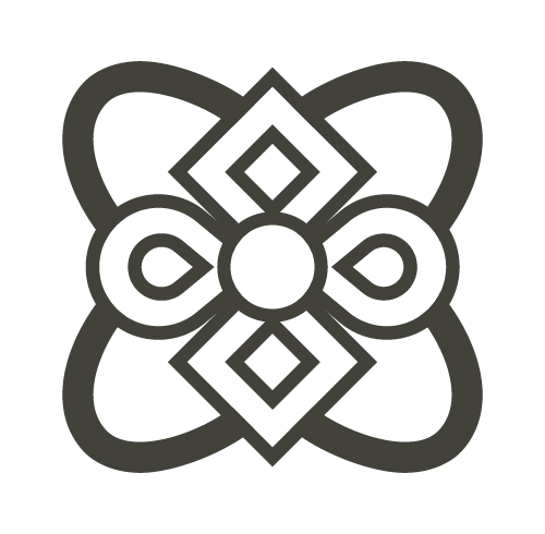 A black and white intricate geometric pattern with symmetrical diamond and loop shapes.