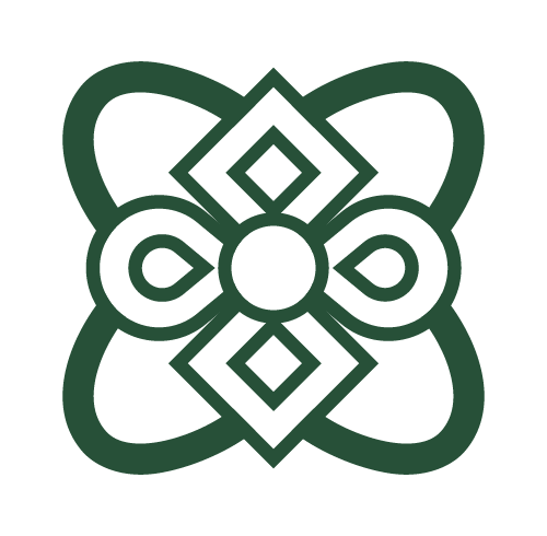 A symmetrical geometric design with loops, diamonds, and a central circle, resembling an abstract floral pattern.