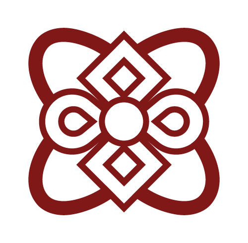 A symmetrical geometric design with interconnected diamond and loop shapes in a dark red color on a black background.