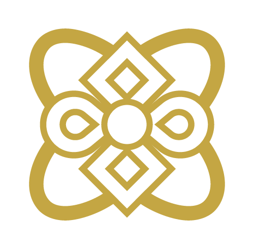 A symmetrical geometric gold pattern on a black background, resembling an abstract butterfly or floral design.