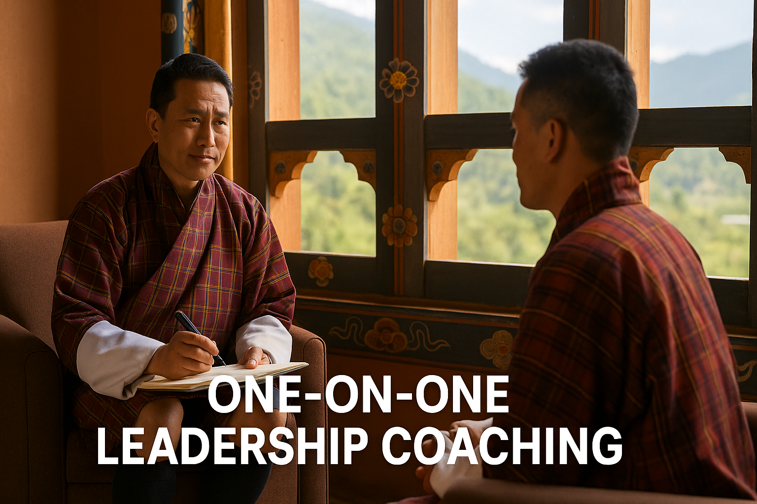 Two men in traditional Bhutanese clothing engaged in one-on-one leadership coaching session inside a room with traditional wooden window frames and scenic mountain view outside.