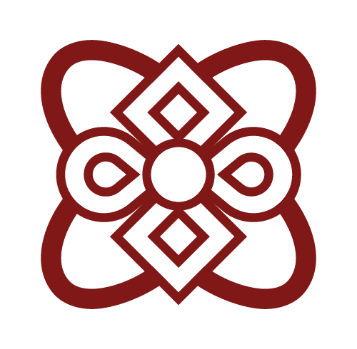 A symmetrical geometric pattern featuring diamond and heart shapes interconnected with loops, in dark red color.