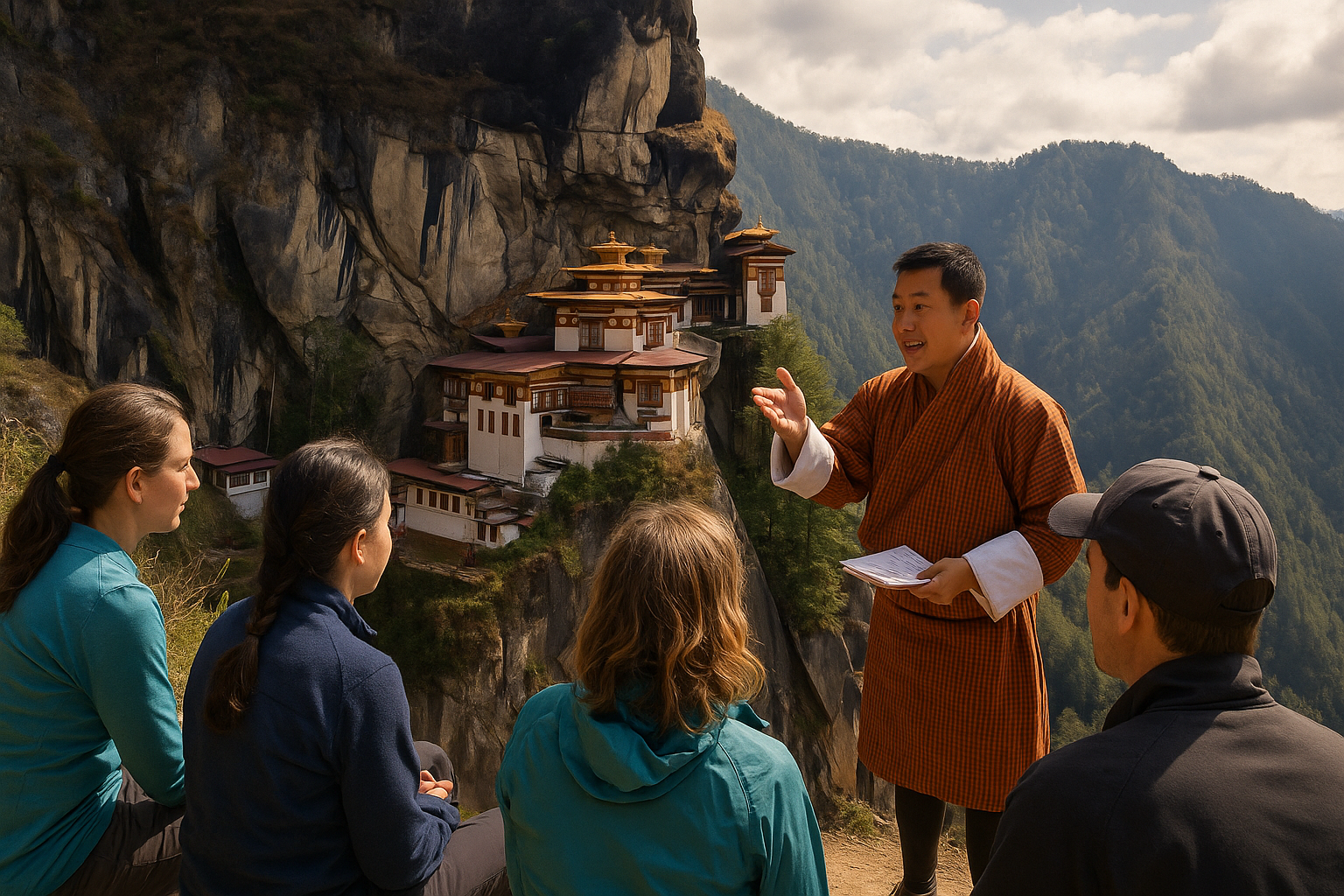 A Bhutanese tour guide in traditional attire giving a talk about a cliffside monastery to a group of four tourists sitting outdoors with mountains and a cloudy sky in the background.