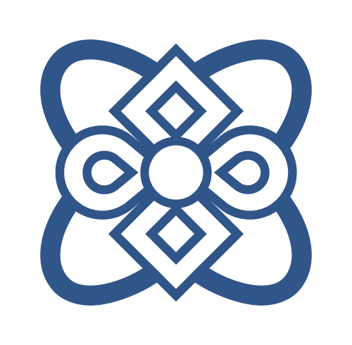 A blue geometric pattern with interconnected loops and diamond shapes on a black background.