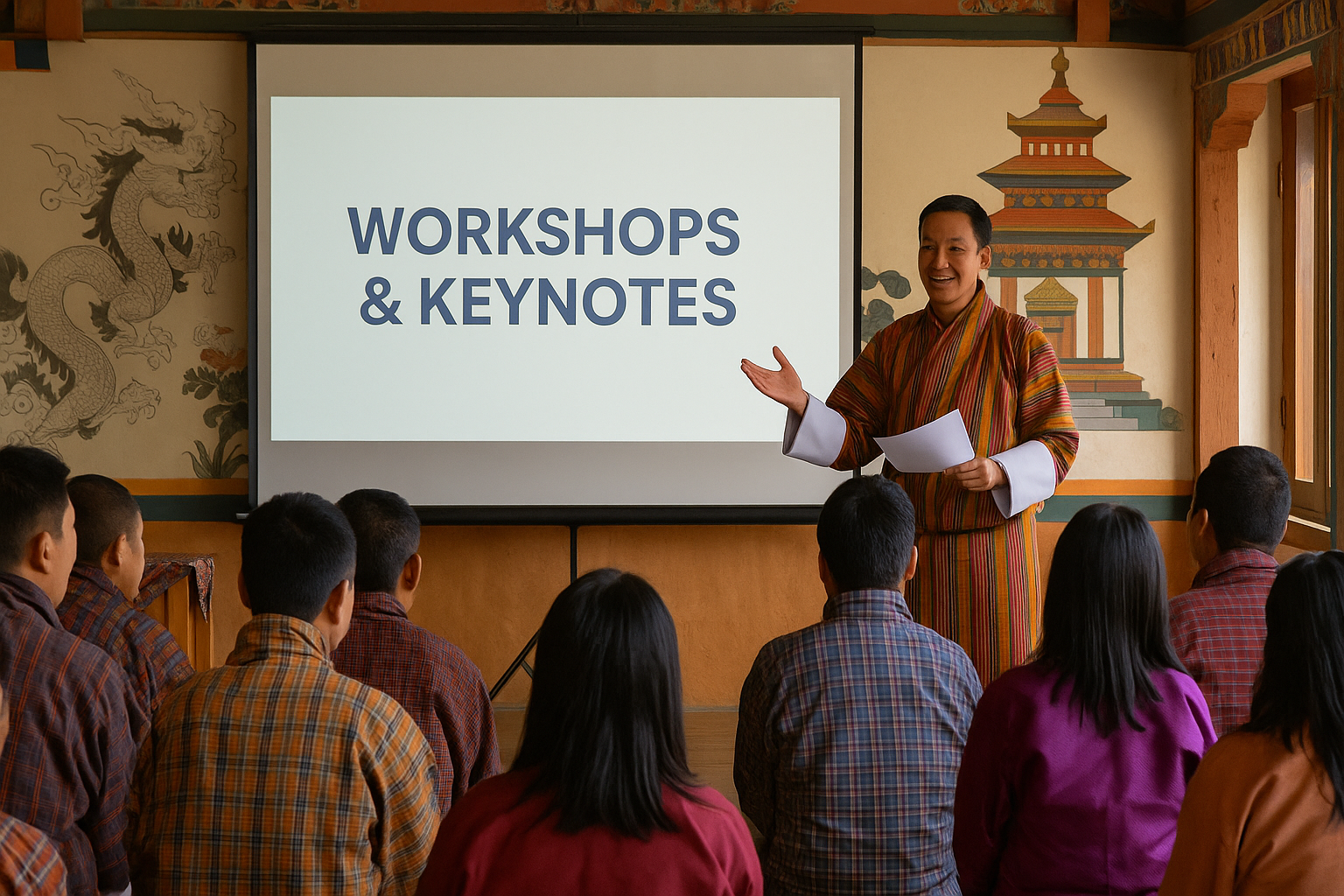 A man in traditional Bhutanese attire giving a presentation to an audience, with a screen displaying 'WORKSHOPS & KEYNOTES' behind him, in a room decorated with traditional Bhutanese artwork and architecture.