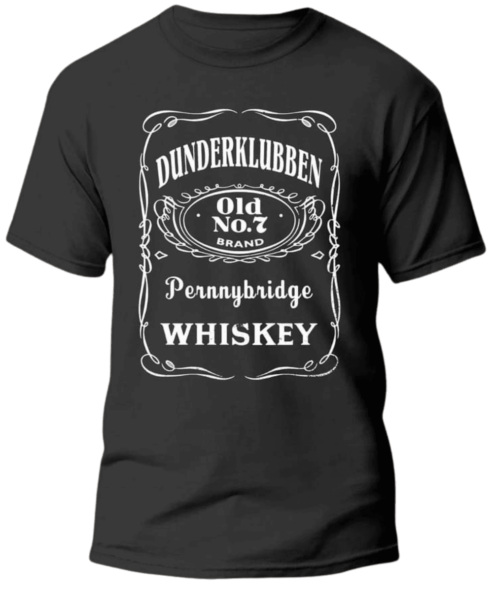 Svart t-shirt med vit vintage-design och texten "Dunderklubben – Pennybridge Whiskey", inspirerad av Jack Daniel’s etikett.