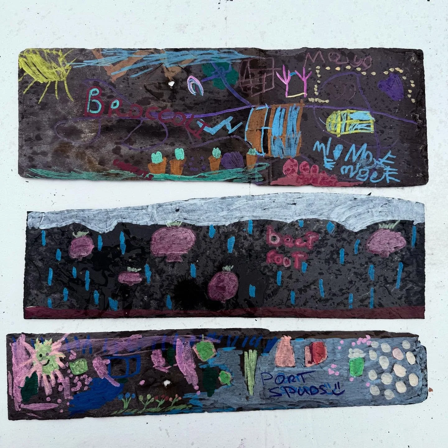 Wonderful recycled roofslate garden signs created by the young team visiting  @muirshiel_lane_ at the weekend open day for @communitylandscotland Land Festival.