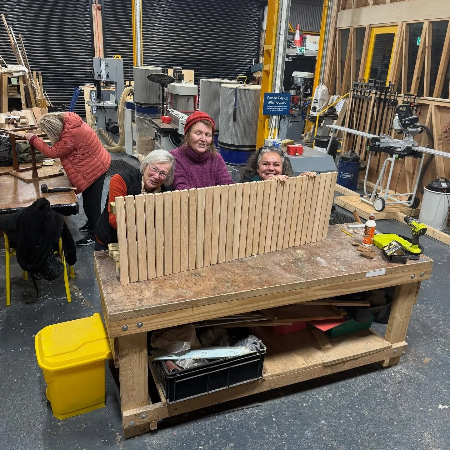 Our orchard team building red oak tops for our gabion benches at St Laurence Orchard 💪🏻🔨🪚📐