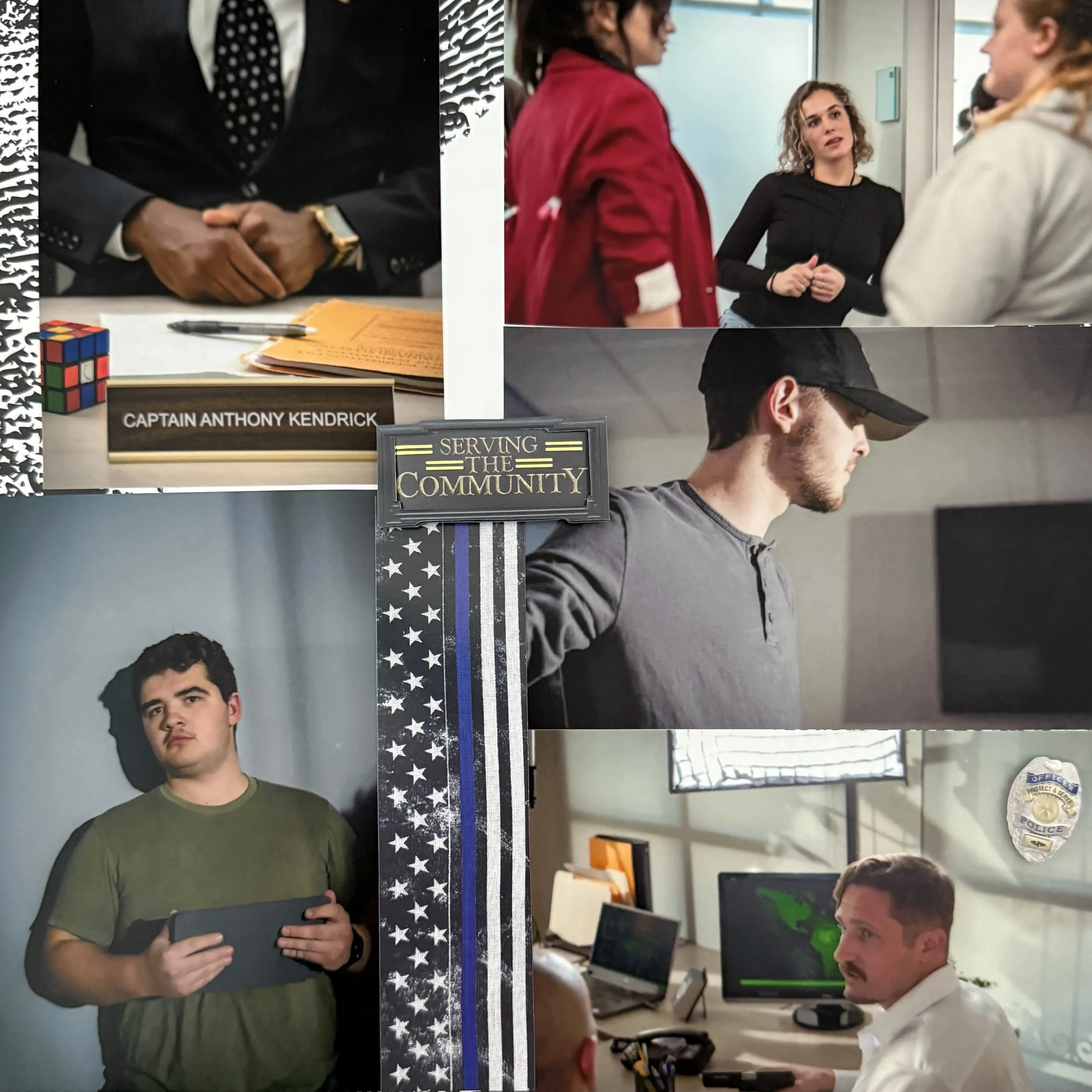 Collage of photos showing people in various settings, including a person in a suit with a nameplate reading 'Captain Anthony Kendrick', a woman in a black shirt talking to others, a man in a gray shirt and black cap working in an office, a young man 