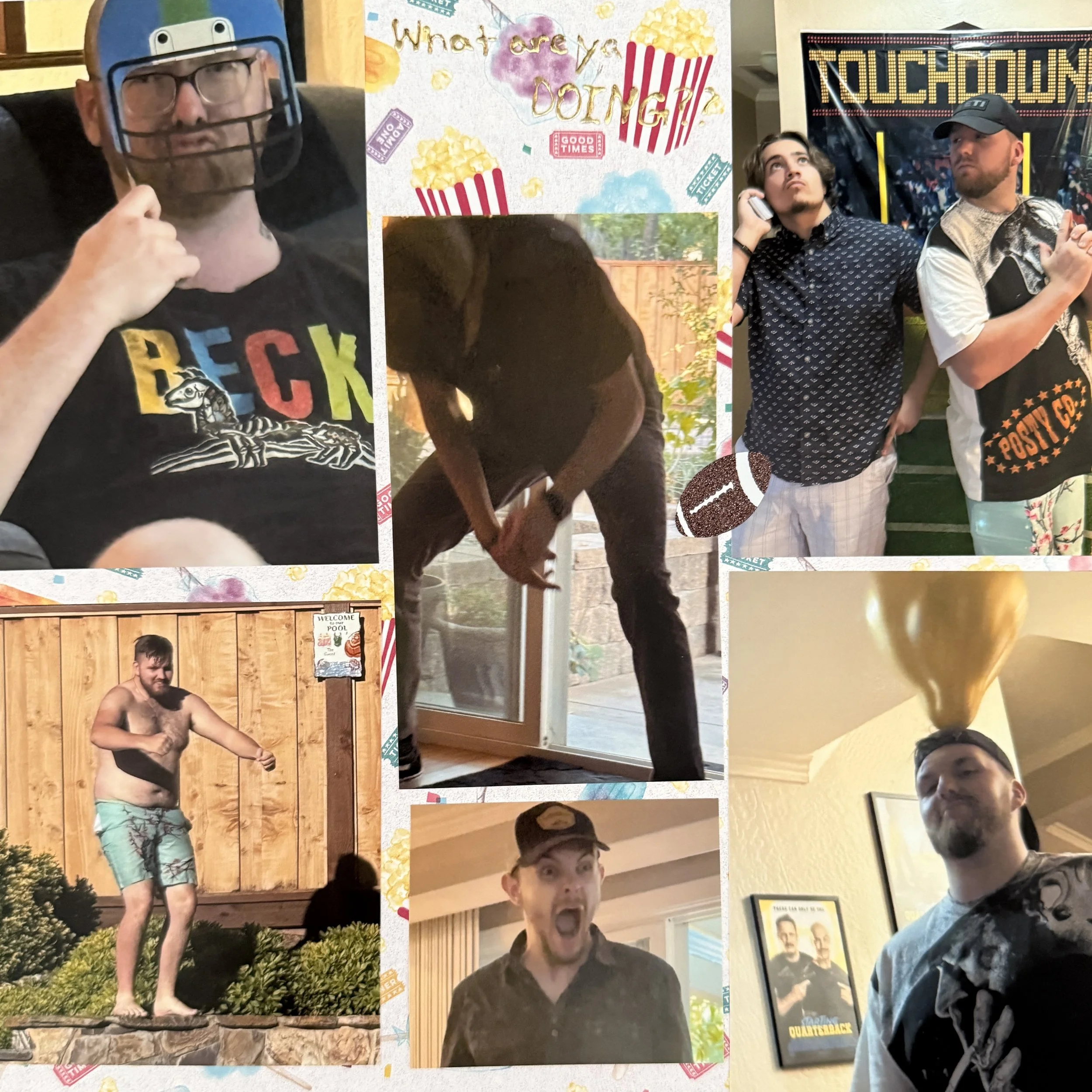 A collage of several people at a social gathering, featuring individuals posing, playing, and having fun indoors and outdoors, including one person in a hockey helmet, others making expressive faces, and some in relaxed settings.