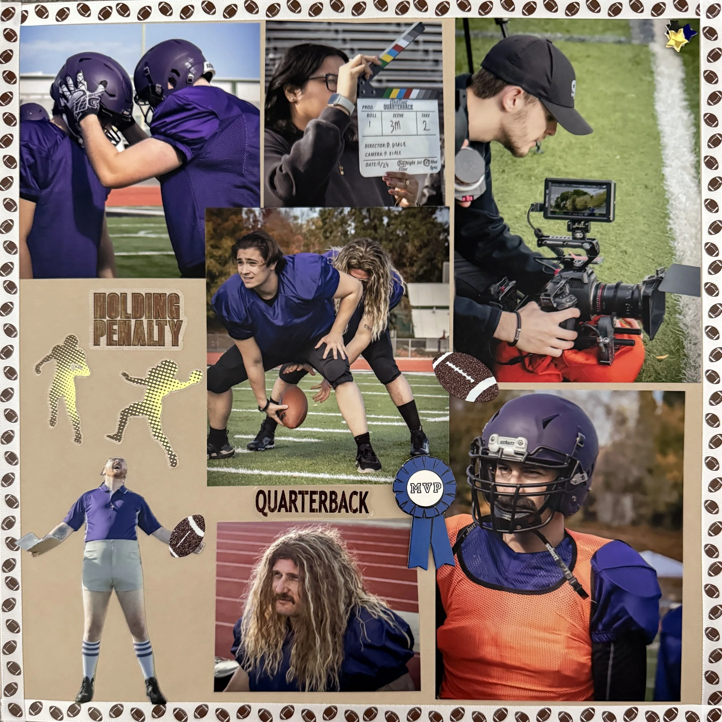 Collage of football scenes including players on the field, a coach, a videographer, and a player in a helmet, with decorative text and graphics related to football.