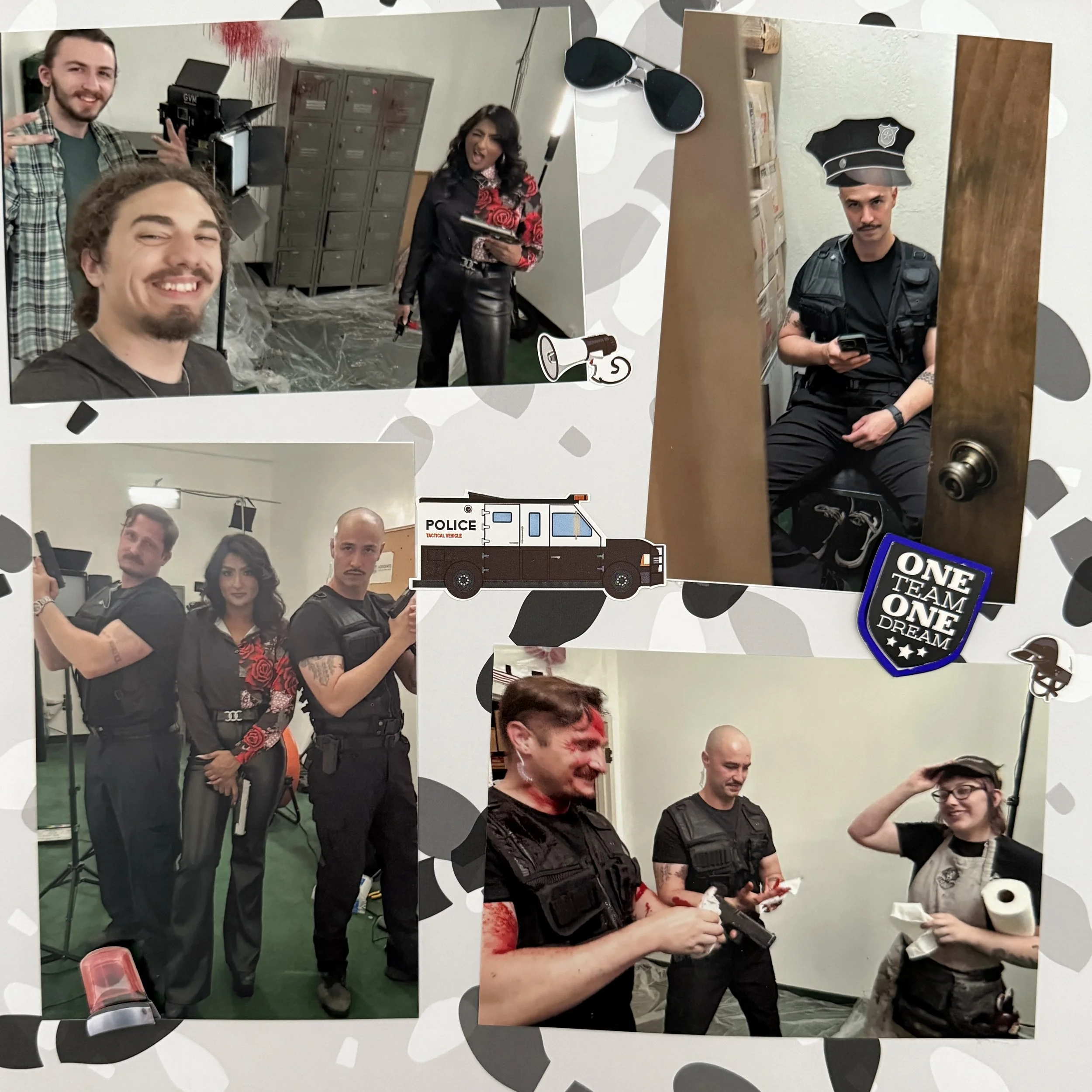 Photos of a group of people dressed up as police officers, some with toy guns, in a setting resembling a police station or studio. One person is taking a selfie in a mirror, and some individuals appear to have fake blood on their faces, indicating a 