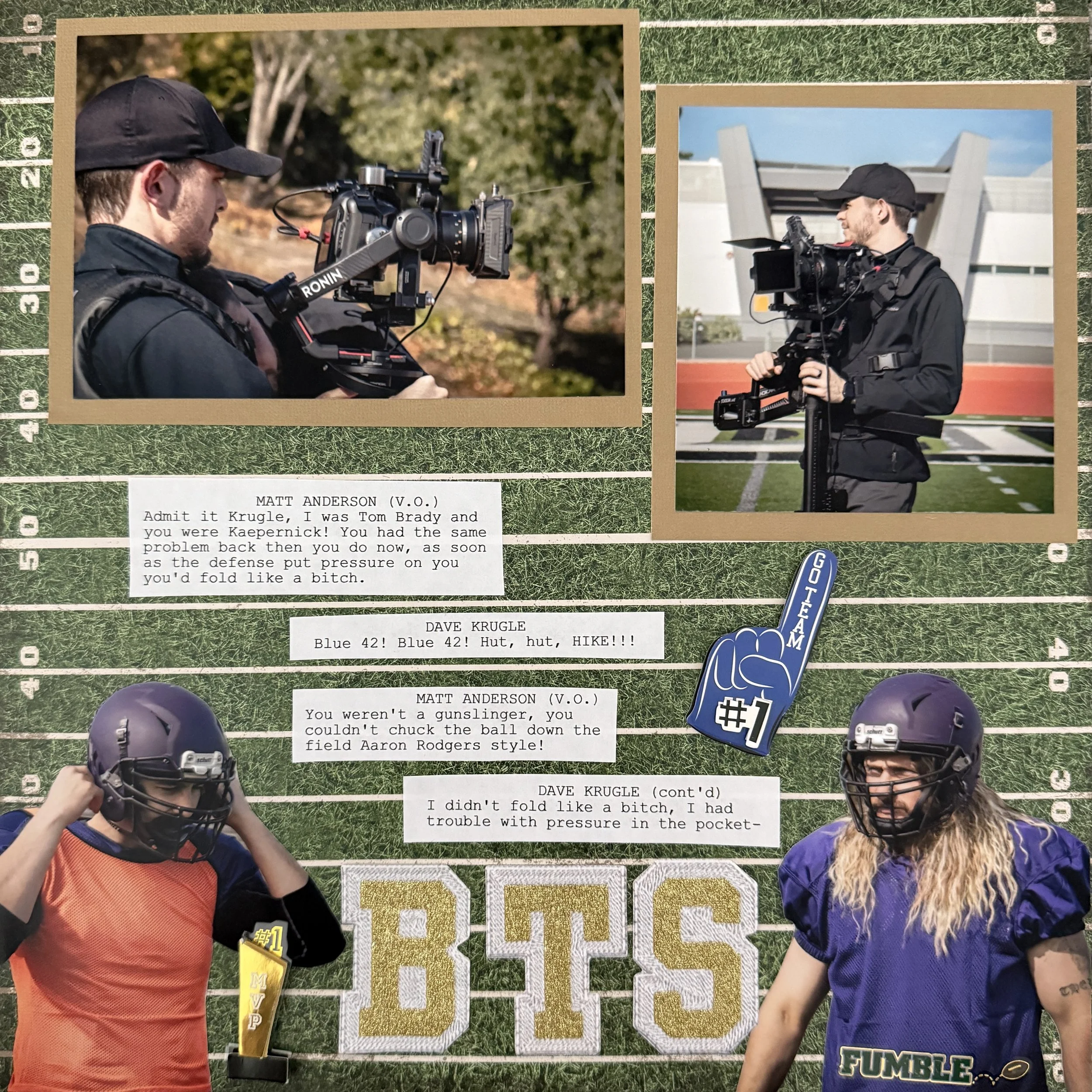 A collage of two individuals holding professional video cameras, football players in uniforms, and commentary notes. The background resembles a football field with yard lines, and there is text with quotes about football.