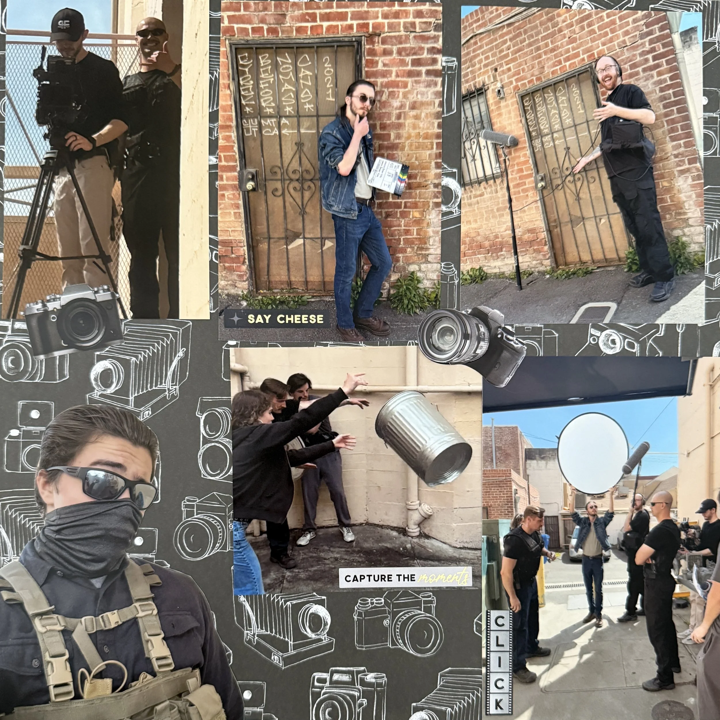 People participating in a photo shoot or film production, with various props and equipment, including a camera, microphone, and cans, in an outdoor urban setting with brick walls and alleyways.