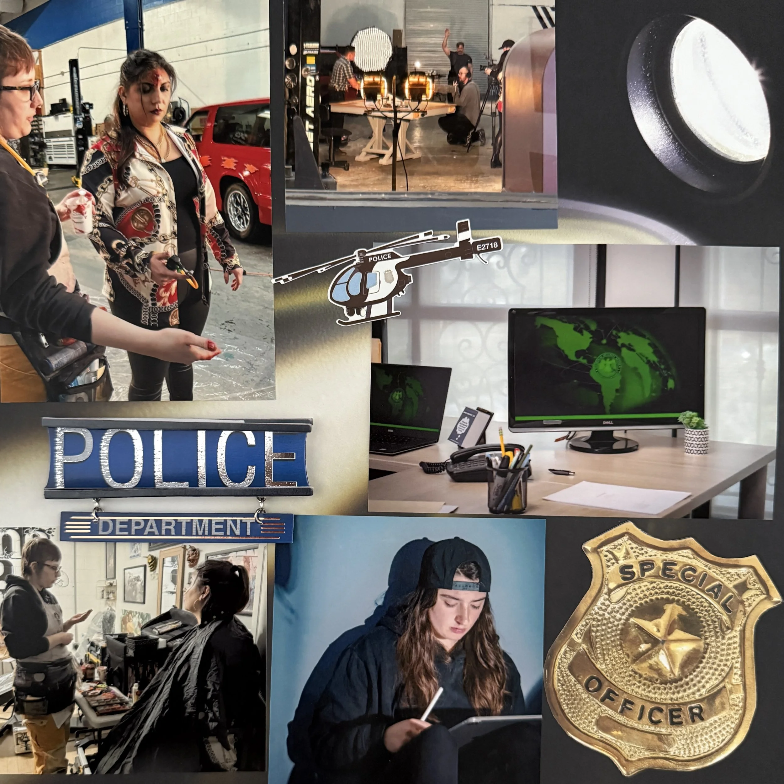 Collage of scenes related to police work: a woman and a person at a car workshop, a camera crew recording, a drone sticker, a police department sign, a woman at a store, a young woman with headphones working on a laptop, and a police officer badge.