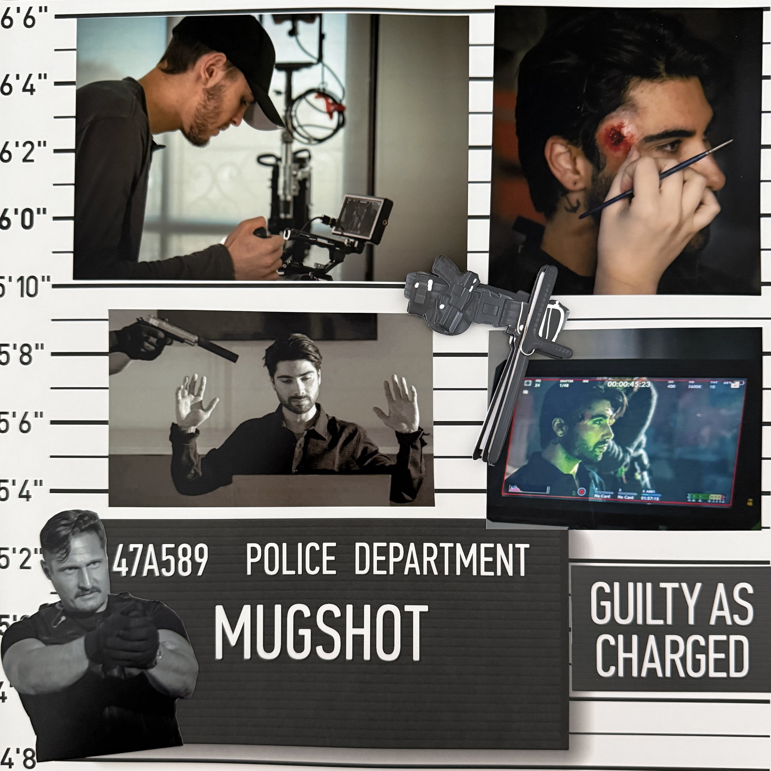A montage of images from a film set used as a police mugshot background. Contains scenes of a man with injuries, a director, a man with his hands up, and a police officer pointing a gun at a suspect, along with a flashing colored monitor and a badge 