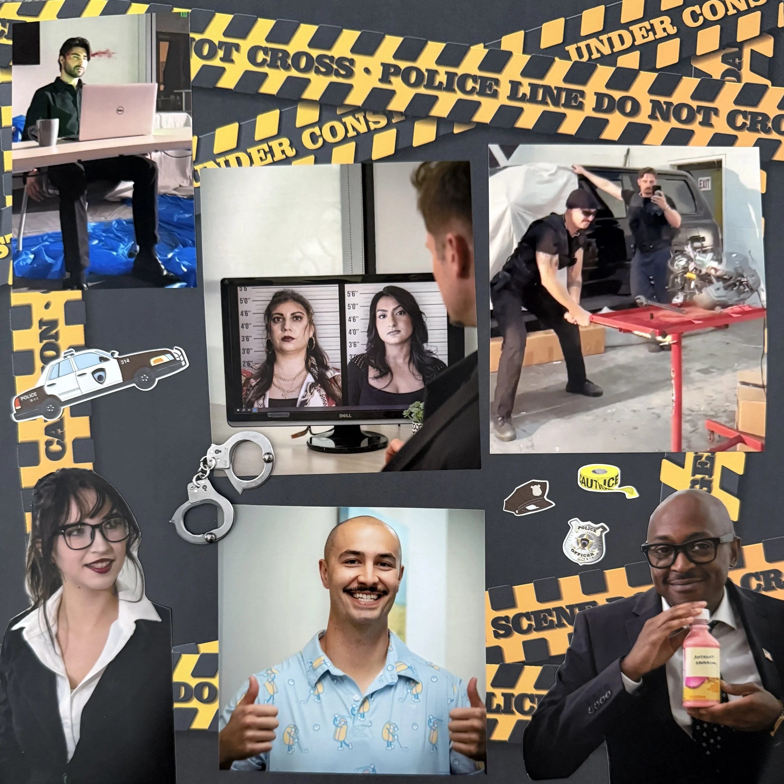 A collage of scenes related to police investigation, including mugshots of two women on a computer screen, police officers at a crime scene, suspects in a lineup, and individuals with police badges, handcuffs, and police tape.