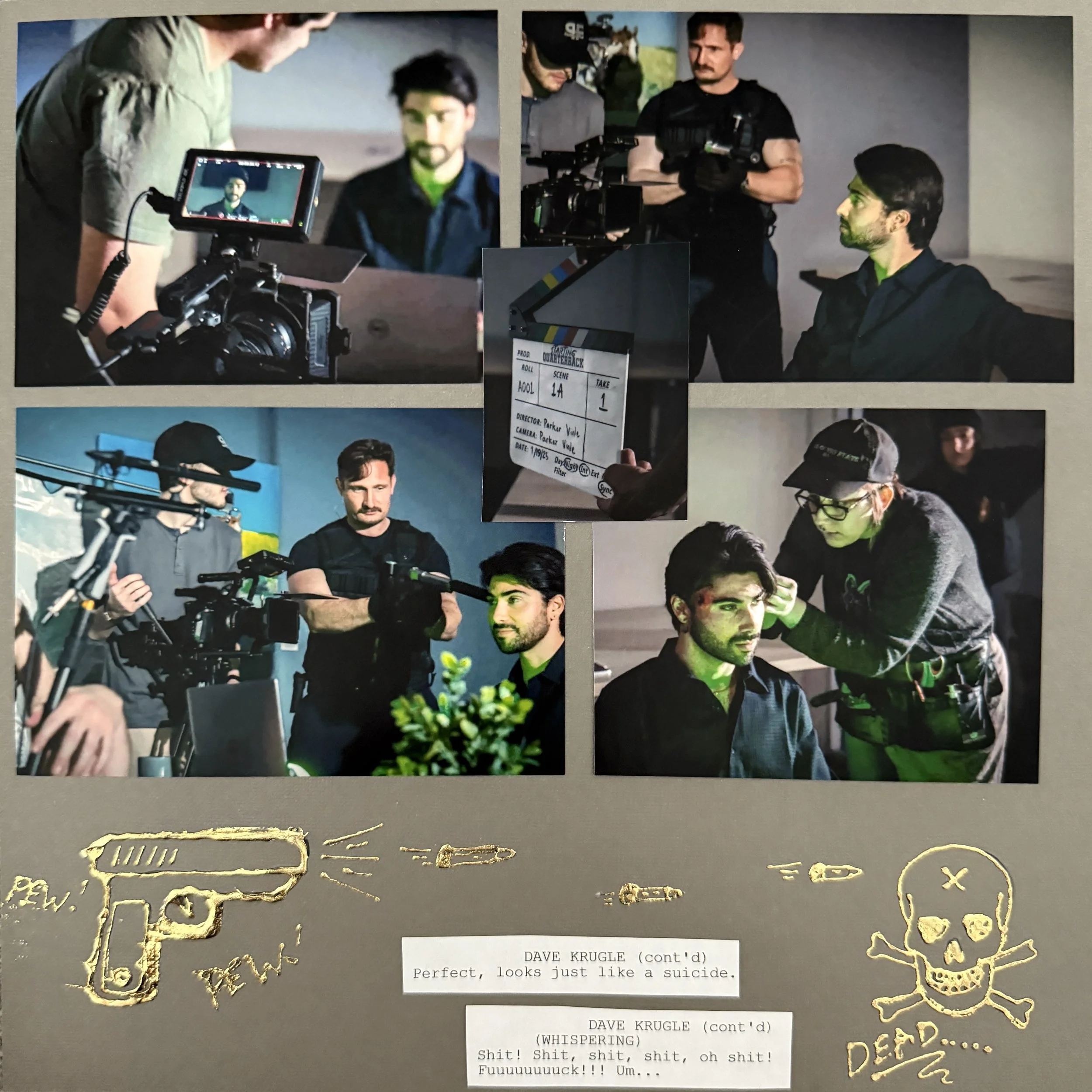 A collage of behind-the-scenes photos from a film set, featuring actors, camera operators, and crew. The collage also includes a drawing of a gun and bullets with gold accents, and a skull with crossbones. There are labels with dialogue and commentar