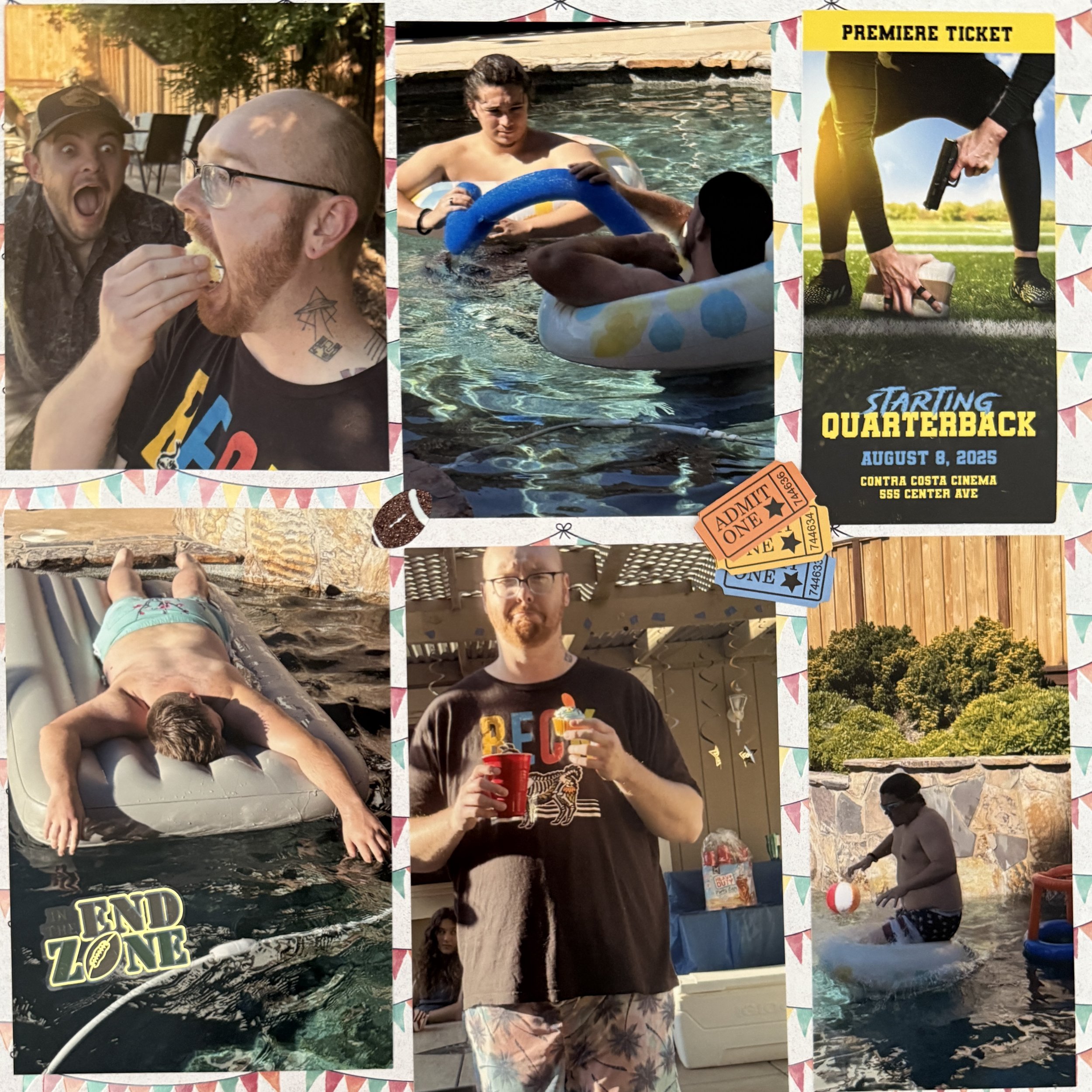 Collage of six photos from a summer pool party. Top left: Two men reacting excitedly while one eats a snack. Top center: Person swimming in a pool with floaties. Top right: Movie ticket for 'Starting Quarterback' at Contra Costa Cinema on August 8, 2