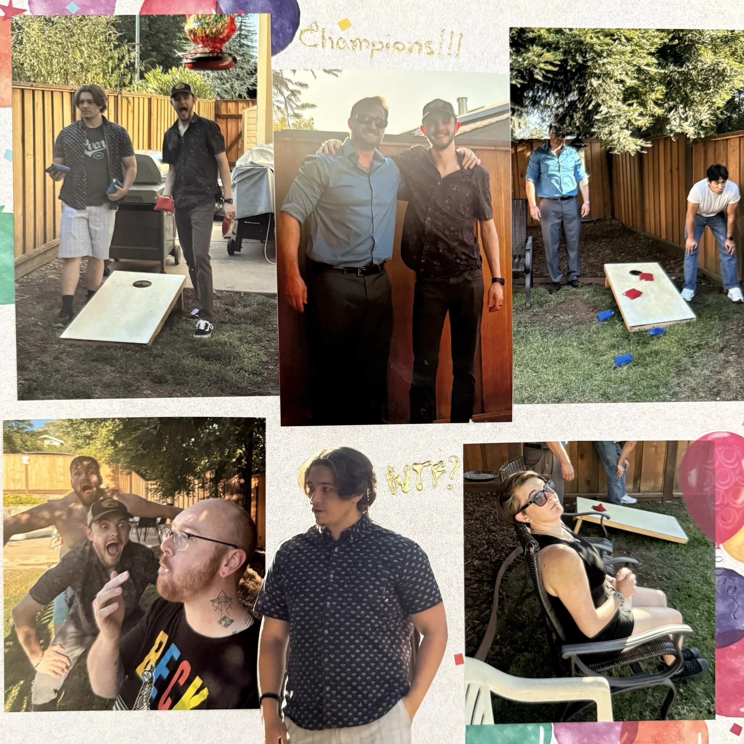 Collage of photos from a backyard party, featuring people playing cornhole, posing for photos, and enjoying the outdoor setting.