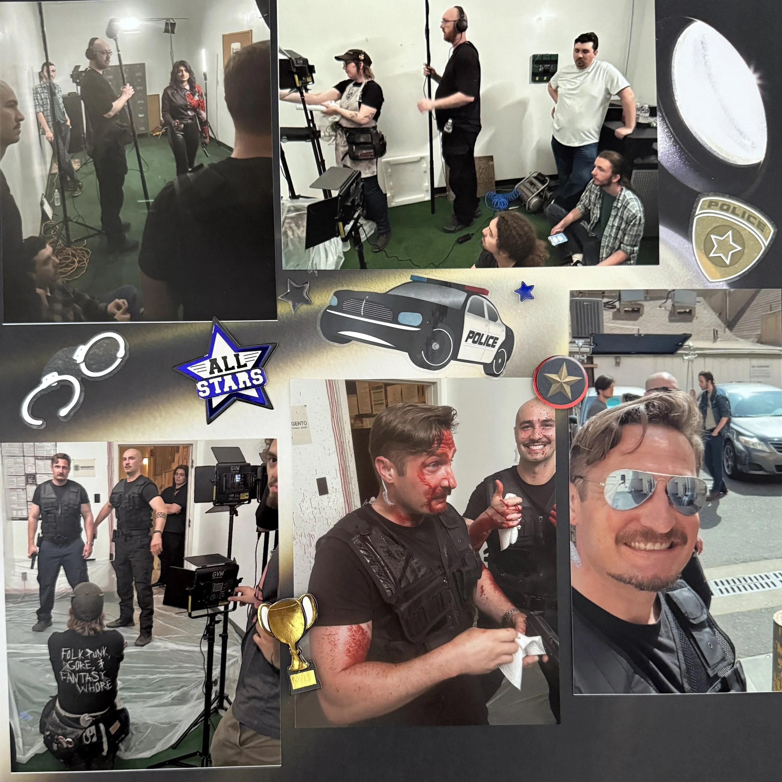 Behind the scenes of a police-themed production or event with actors, crew members, and props. Includes scenes of filming, people in costumes, police badges, police car illustrations, and candid moments of individuals smiling and preparing.