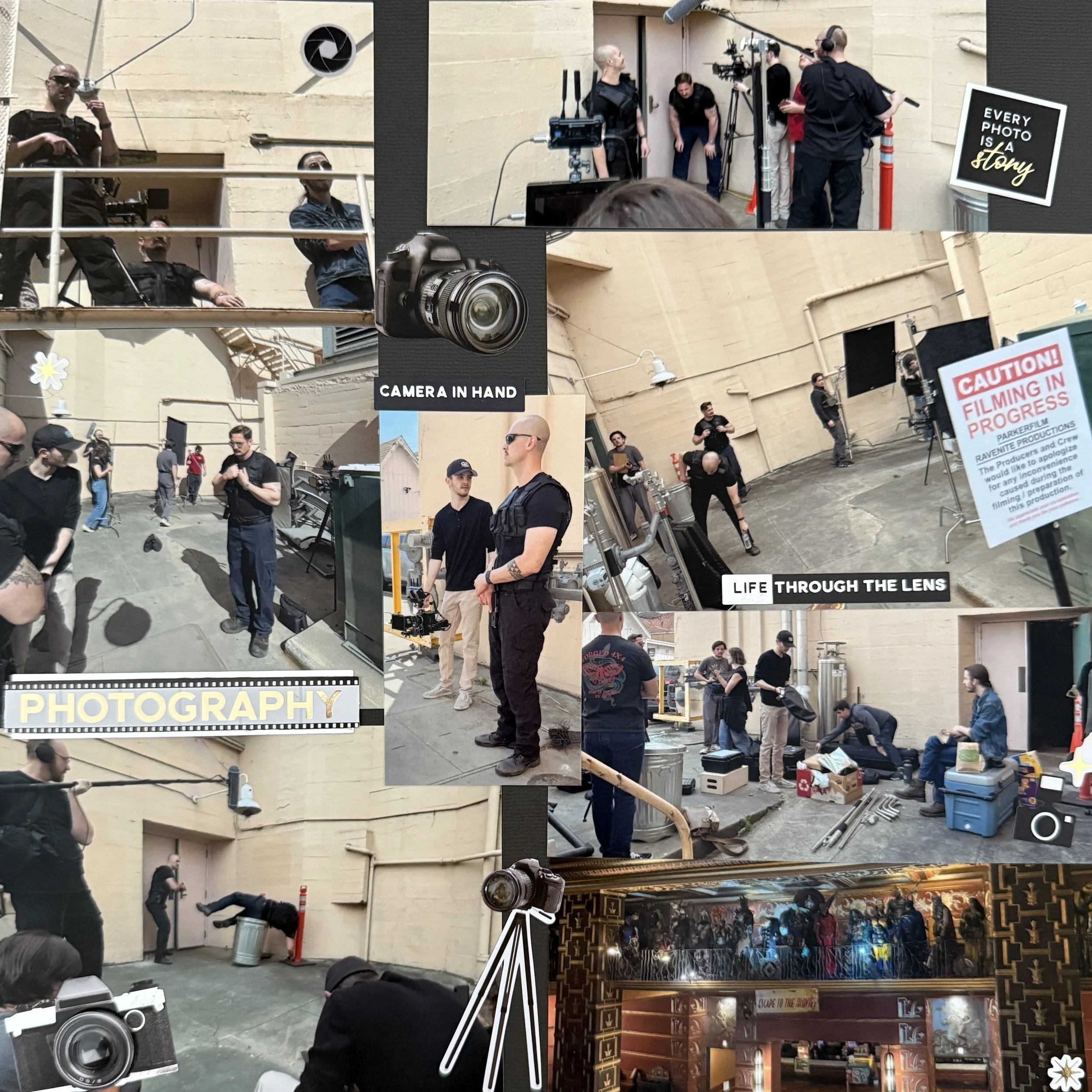 The collage features scenes from a film or photo shoot, with people setting up equipment, talking, and preparing for filming. Visible items include cameras, tripods, lighting, and equipment boxes, along with signage that reads 'CAUTION! FILMING IN PR