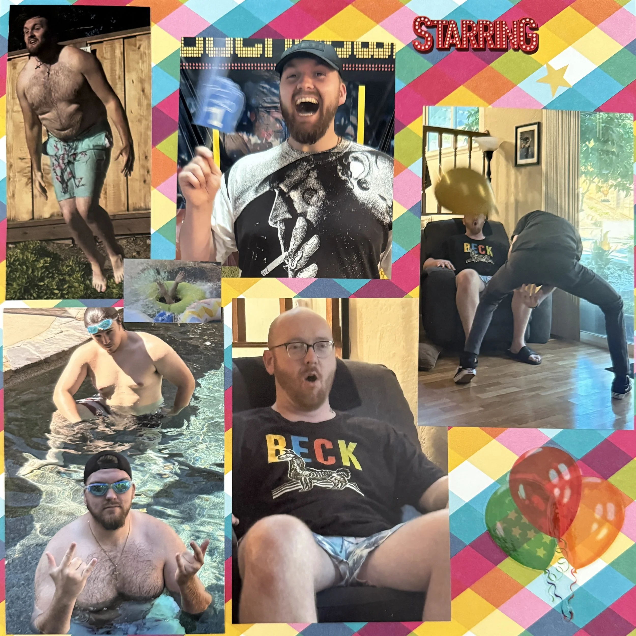 A collage of six photos of men at a party or gathering with a colorful, diamond-patterned background and balloons, with the word 'STARRING' in the upper right corner.