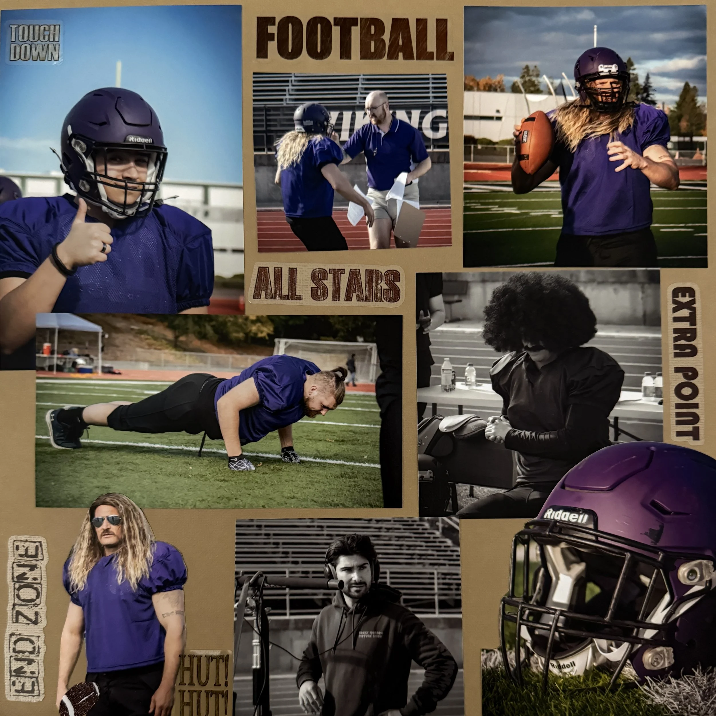Collage of photos showing football players, coaches, and staff, with some images in black and white and others in color. The images include a player in helmet, a coach discussing with a player, a player holding a football, a person doing push-ups, an