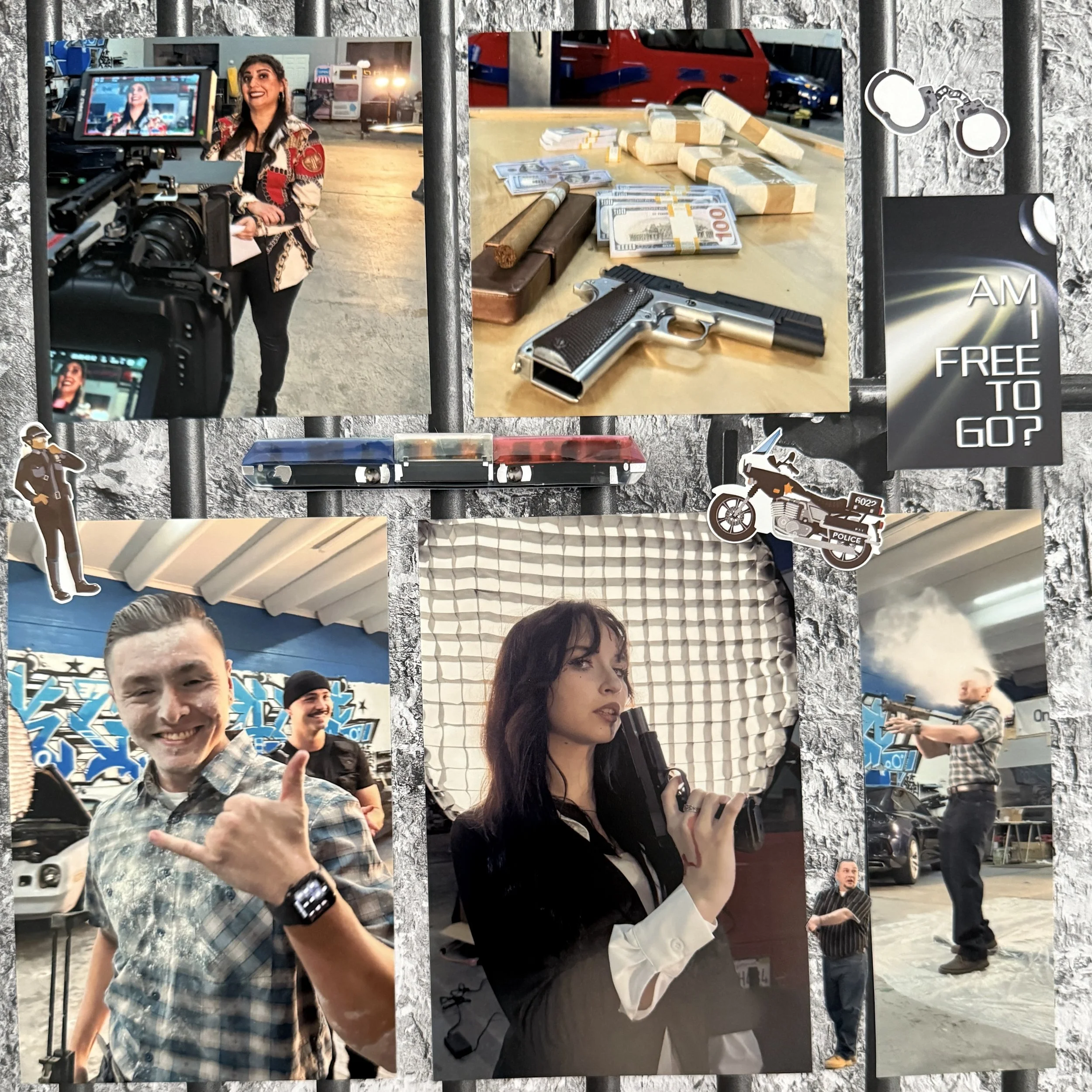 Collage of images depicting various scenes such as a woman being interviewed, a table with a gun, handcuffs, money, and drugs, a police motorcycle, a police light bar, people posing, and individuals shooting guns in a shooting range, with police stic