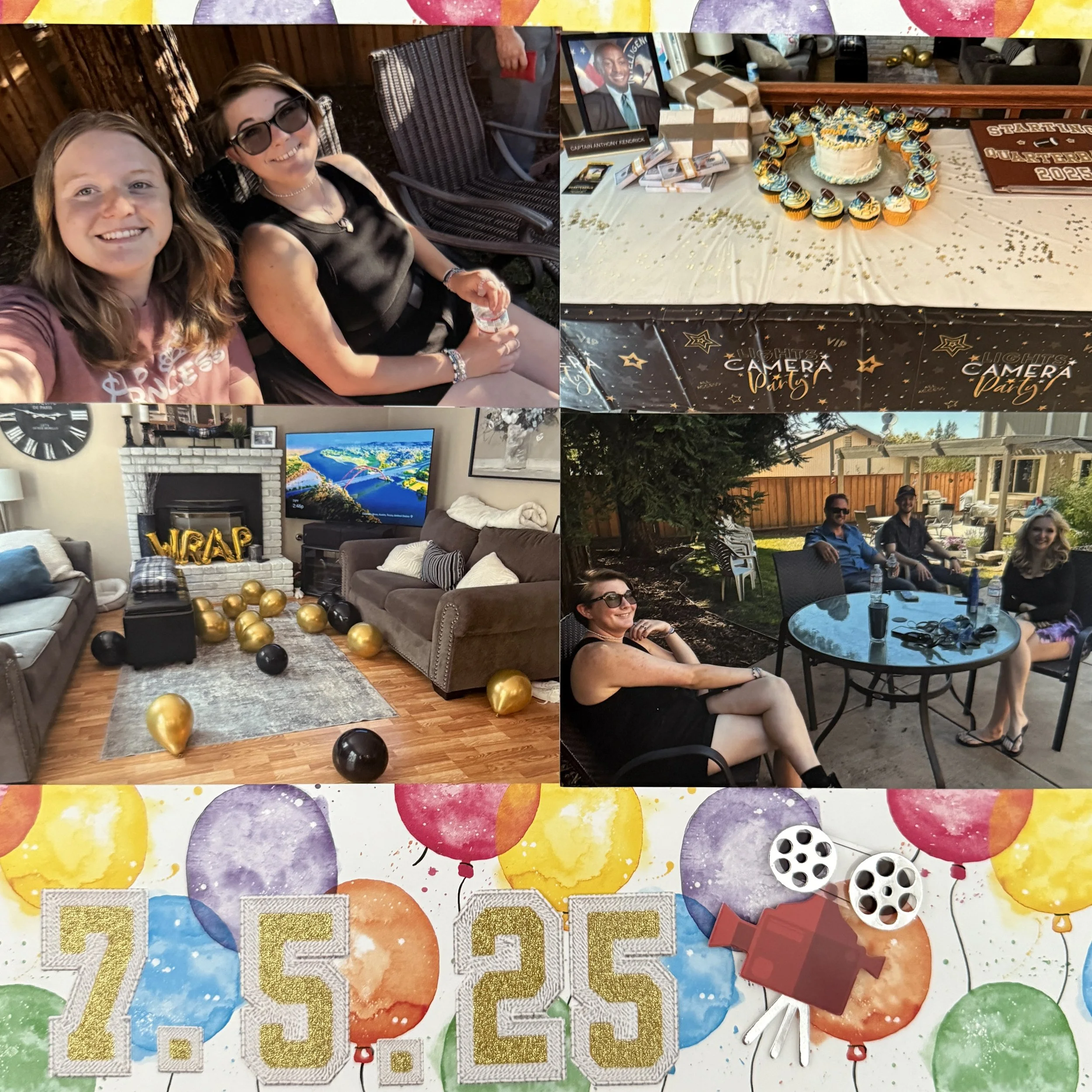 Collage of images from a birthday celebration, including two women taking a selfie, a table with a birthday cake and cupcakes, a living room decorated with balloons and a TV, and people sitting outside at a table with drinks. The collage also feature