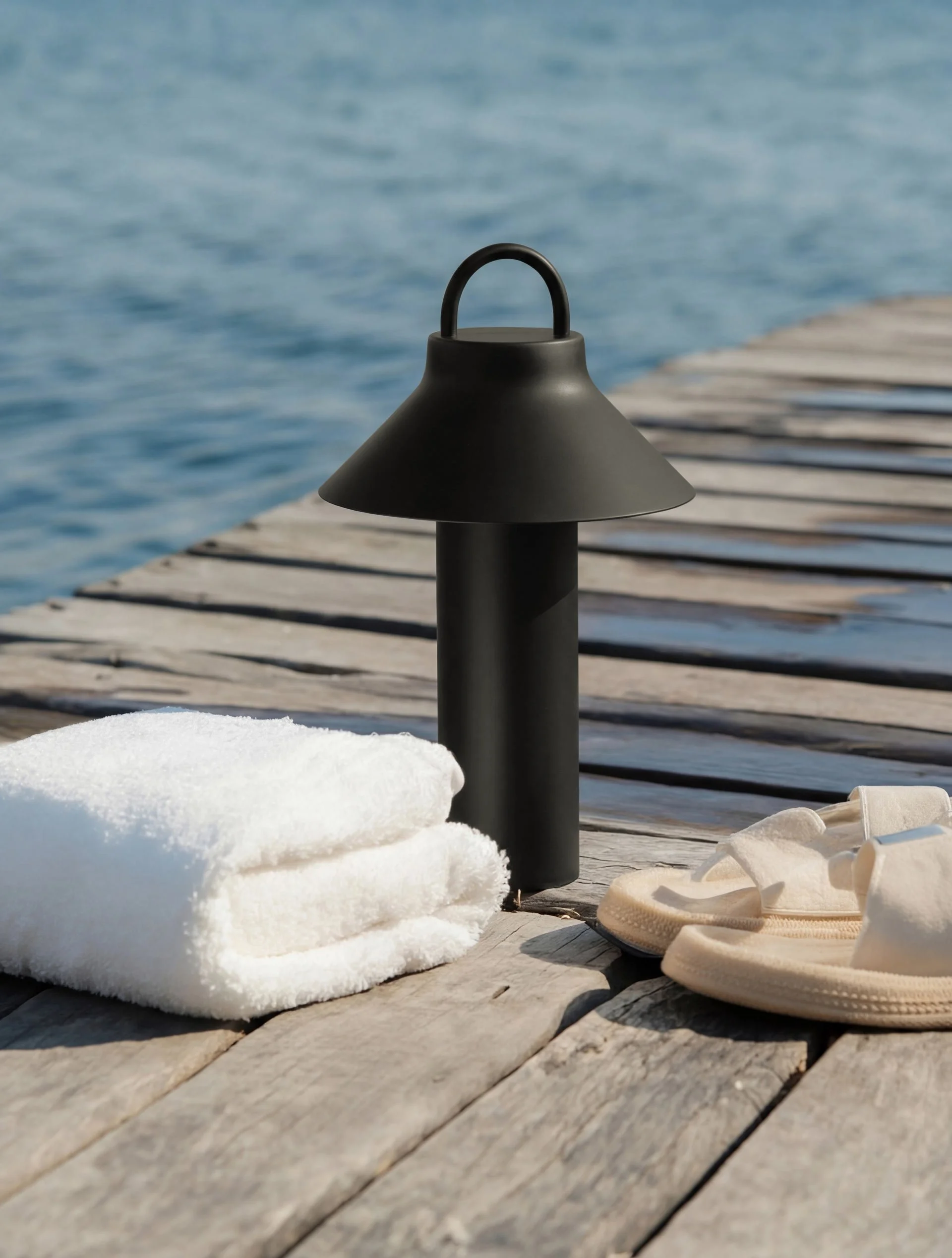 Minimalist and timeless MOOV LED light on a Scandinavian-style outdoor railing