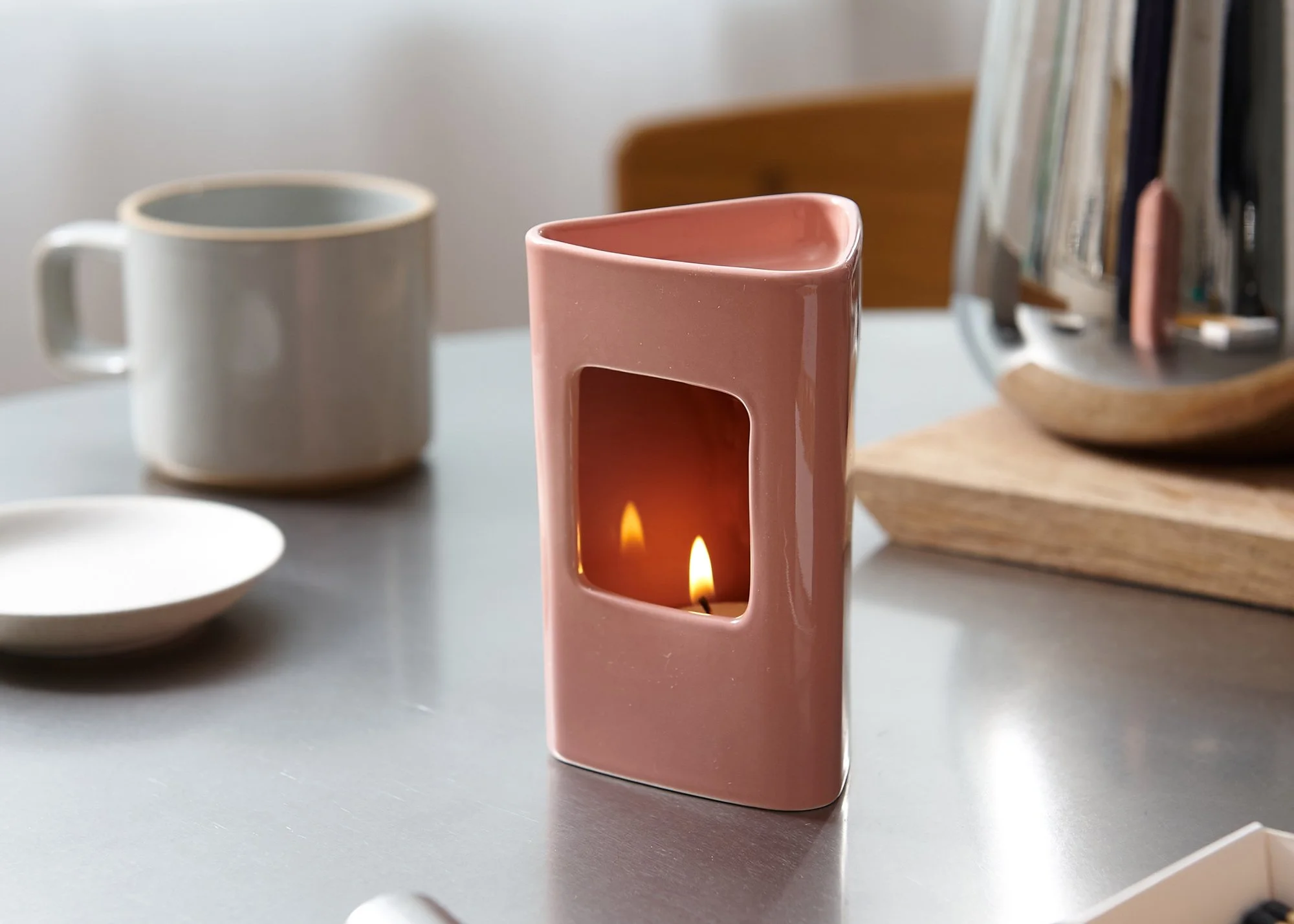 Tri Scent Diffuser in Pink for Kober Porcelain in a tea-themed setting.