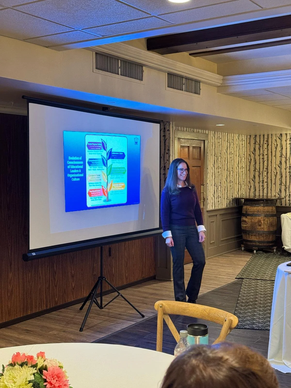 A woman presenting in a room with a projection screen. The screen displays a colorful chart titled 'Evolution of Consciousness of Educational Leaders & Organizational Culture.' The room features wooden walls and a patterned wallpaper. There is a round table with a floral centerpiece and some bottles in the foreground.